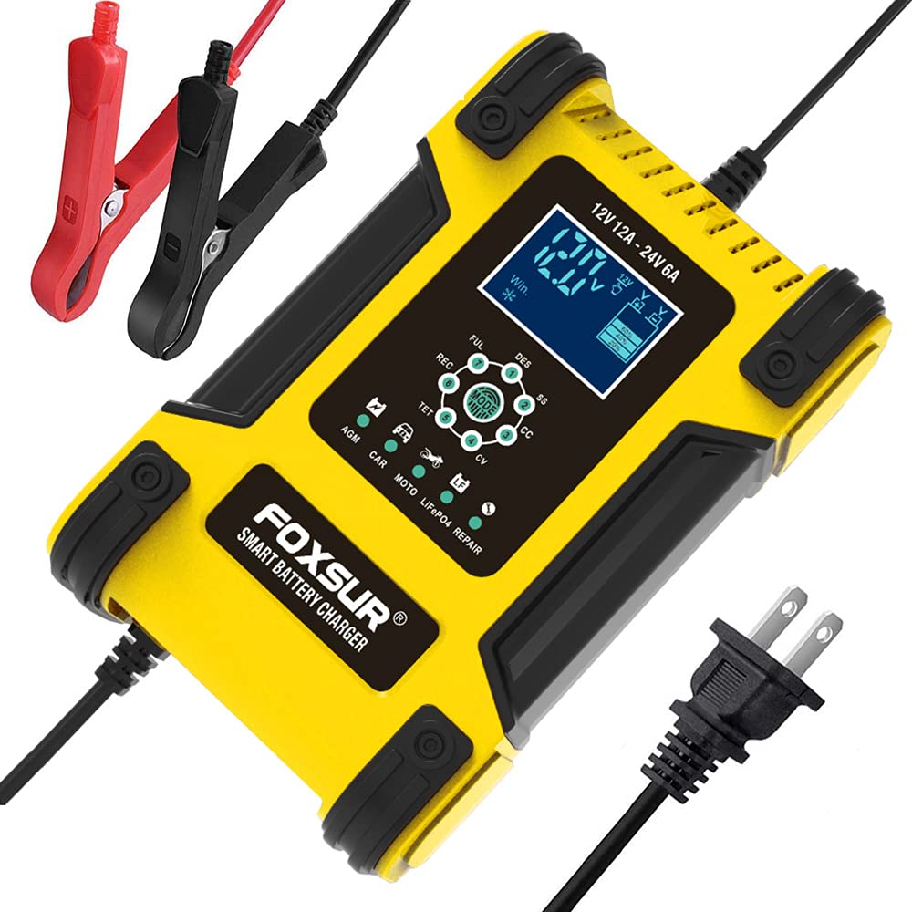 12V/24V 12-Amp 7-Stage Smart Battery Charger & Maintainer - Universal for Wet/GEL/SLA/LiFePO4/Lead-Acid/AGM Batteries - Fast Charging for Cars, Motorcycles, ATVs, Golf Carts, Marine & RV - Perfect for Home Garage, Road Trips & Winter Storage