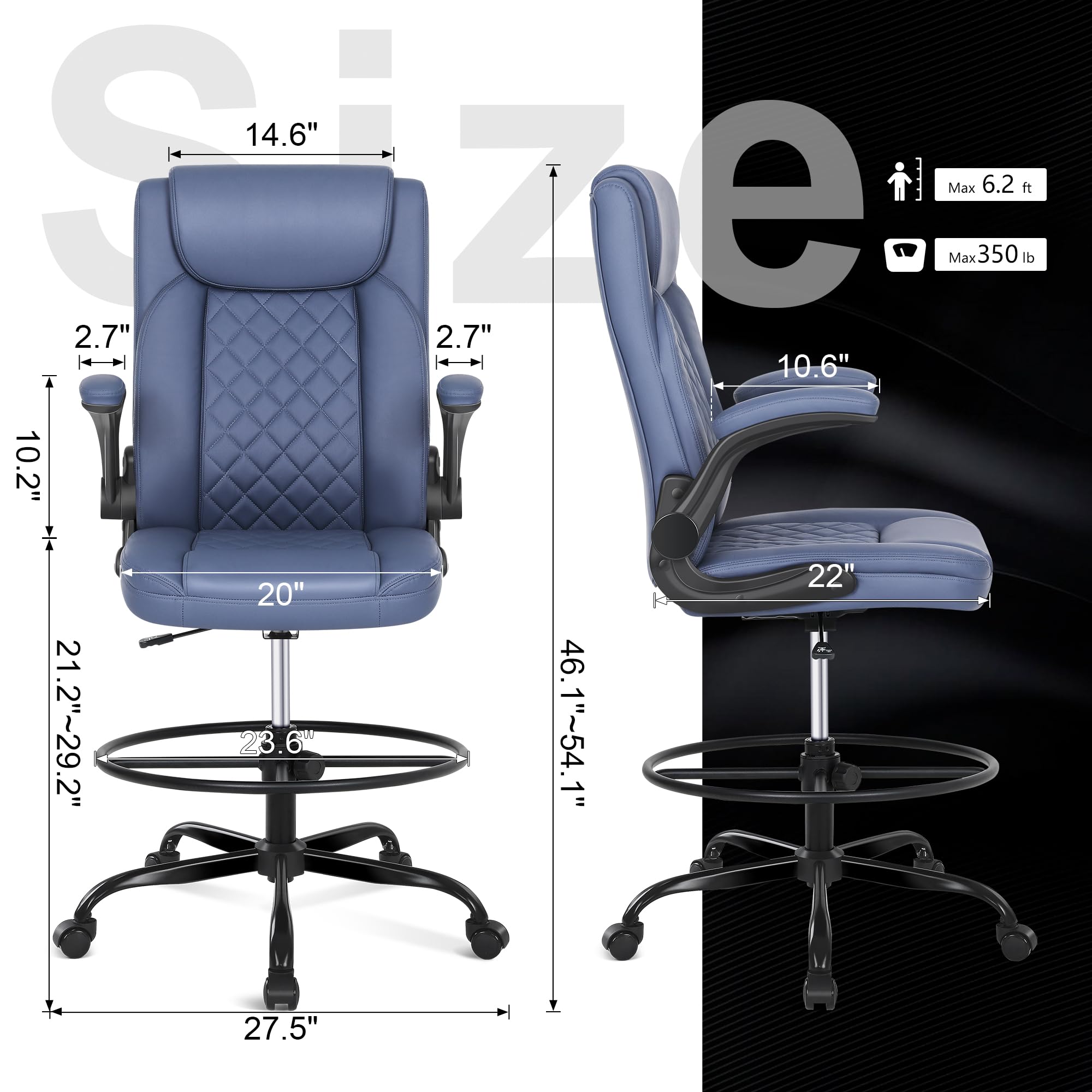 Premium Misolant Leather Drafting Chair - Adjustable Height Tall Office Chair with Flip-Up Armrests for Standing & Counter Height Desks - Ergonomic Design for Architects, Artists & Home Office Workspaces
