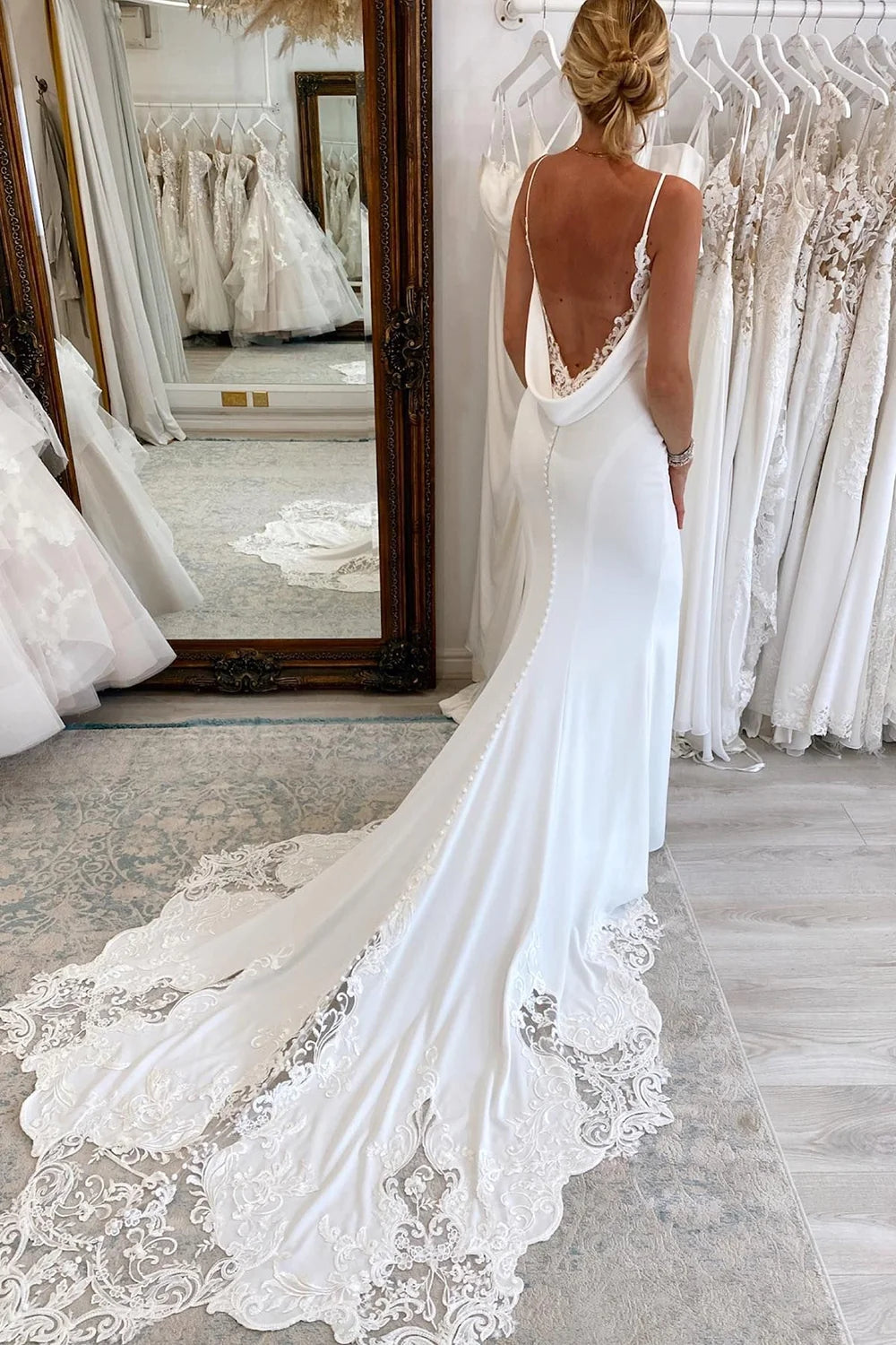 Elegant White Satin Lace Minimalist Wedding Dress - V-Neck Mermaid Gown for Brides, Beach Weddings & Formal Ceremonies