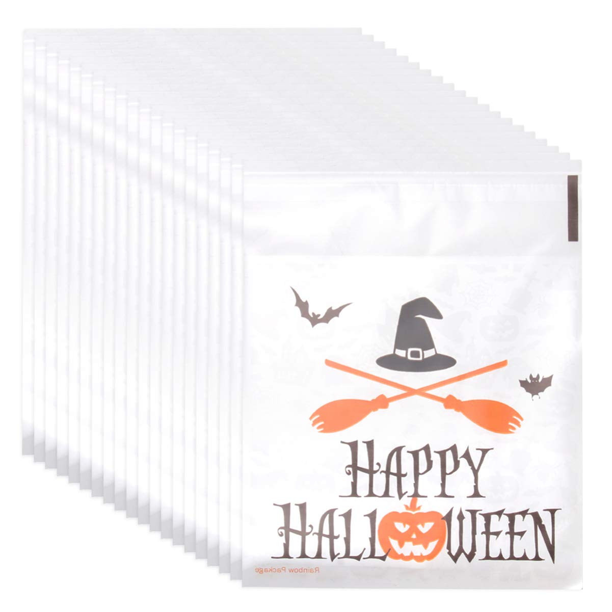 Amosfun 200Pcs Halloween Clear Cellophane Bags with Self-Adhesive Seal - Perfect for Cookies, Biscuits, Candy & Party Favors | Treat Bags for Halloween, Christmas, Birthday Gifts & Party Packaging