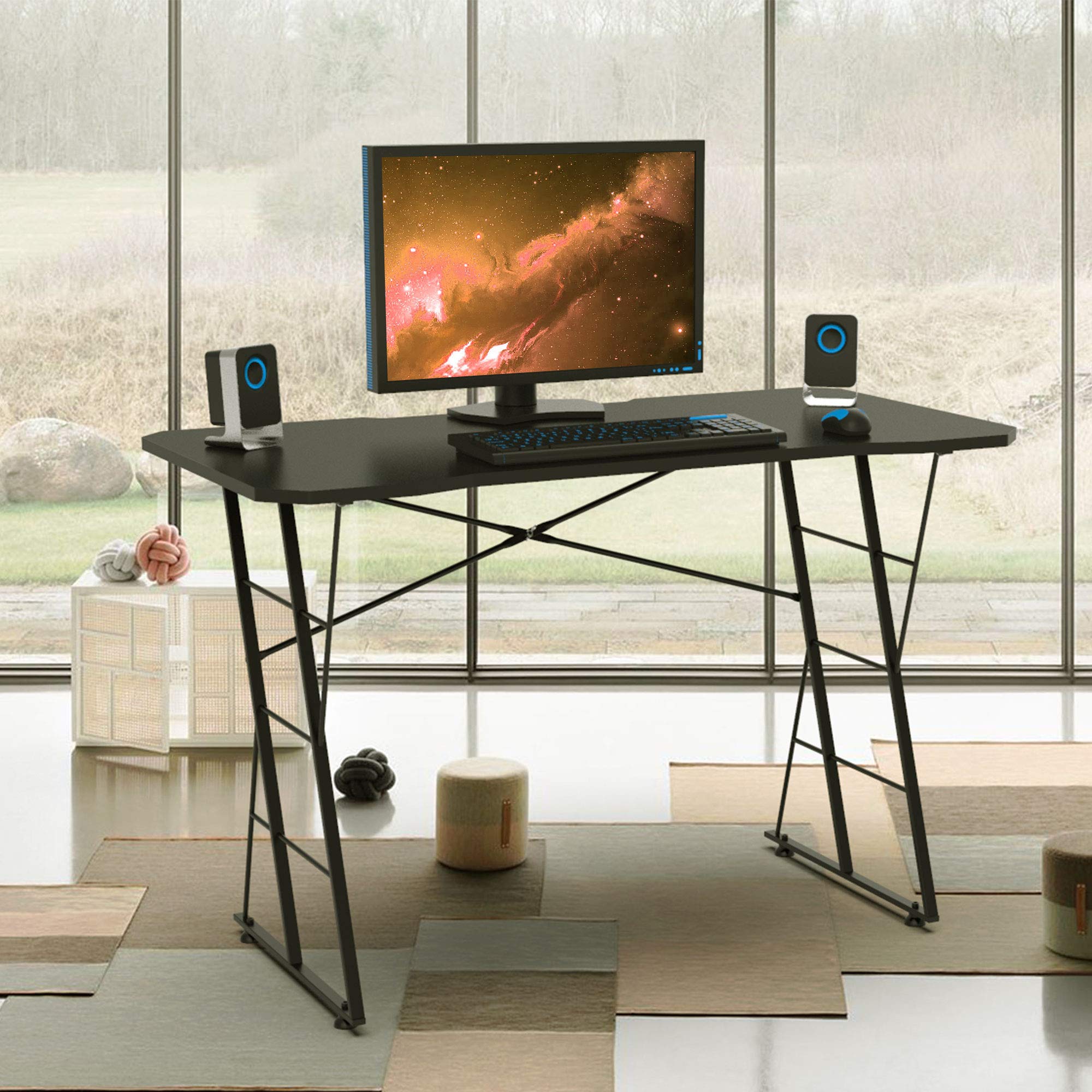 HomVent 47-inch LED Gaming Desk - Z-Shaped Ergonomic Computer Desk with Cup Holder, Headphone Hook, Monitor Riser & Cable Management for PC Gamers - Perfect for Streaming, Esports & Home Office Setup (47.24