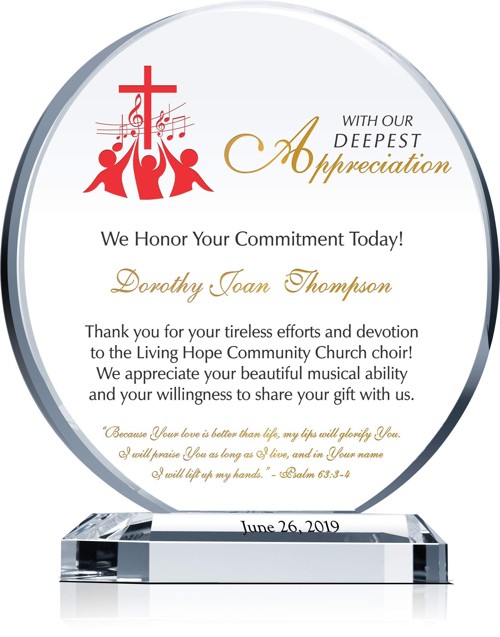 Custom Personalized Crystal Choir Director Appreciation Plaque - Engraved with Name & Bible Verse - Unique Retirement/Farewell Gift for Church Musicians & Music Ministers (8