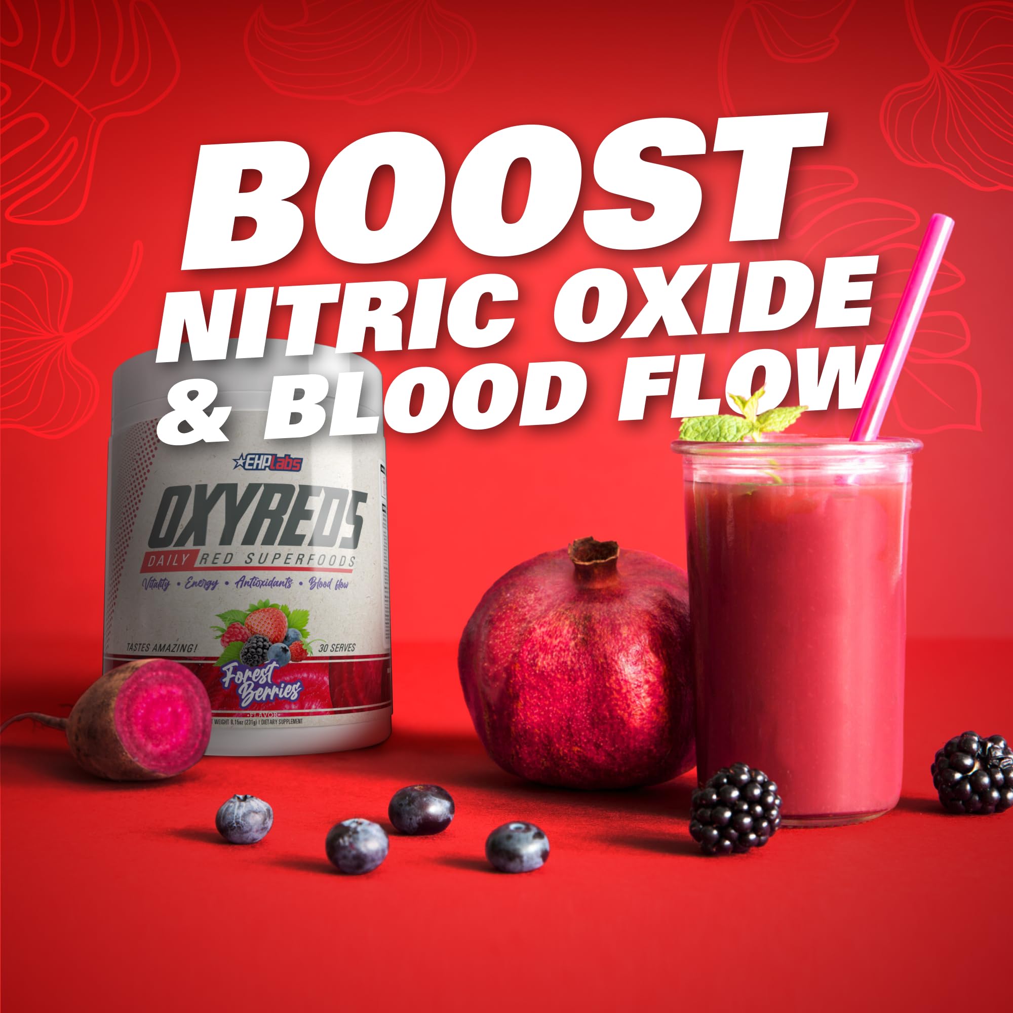 EHP Labs OxyReds Superfood Beets Powder - Nitric Oxide Booster, Organic Beet Root Powder for Immune Support & Digestive Health, Prebiotic Supplement with Fruit Xplosion Flavor, 30 Servings - Perfect for Smoothies, Energy Drinks & Post-Workout Recovery