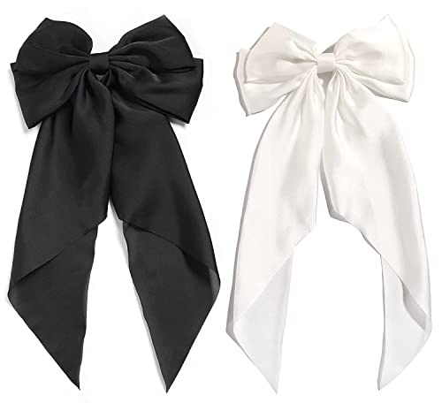 VSAKSH Large Hair Bows for Women - 2PCS Black & White Silky Hair Barrettes with Metal Clips | Vintage 90's Oversized Hair Slides | Perfect for Girls' Accessories, Parties, Weddings & Retro Fashion