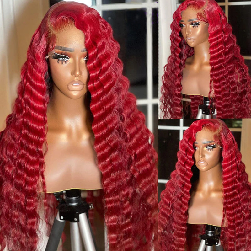 Eullair Nicki Minaj Inspired Red Straight/Body/Deep Wave Human Hair Lace Frontal Wig for Women with Pre-Plucked Hairline - Perfect for Cosplay, Parties & Daily Wear