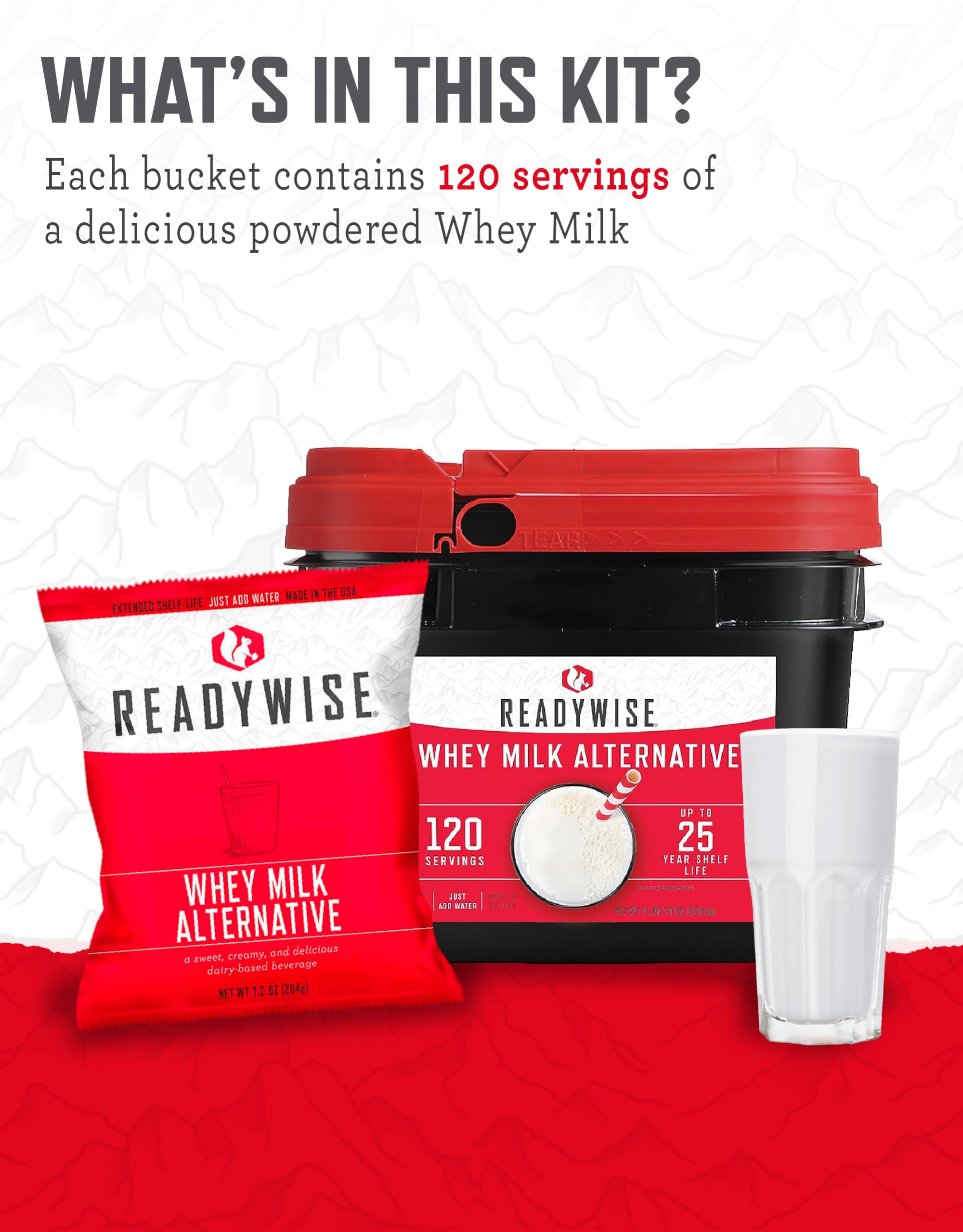 READYWISE Whey Milk Alternative Bucket - 120 Servings Freeze Dried Survival Drink | Emergency Food Supply, MRE Meal Replacement & Camping Essentials | Individually Packaged with 25 Year Shelf Life | Perfect for Hiking, Adventure, Disaster Preparedness & Long-Term Storage