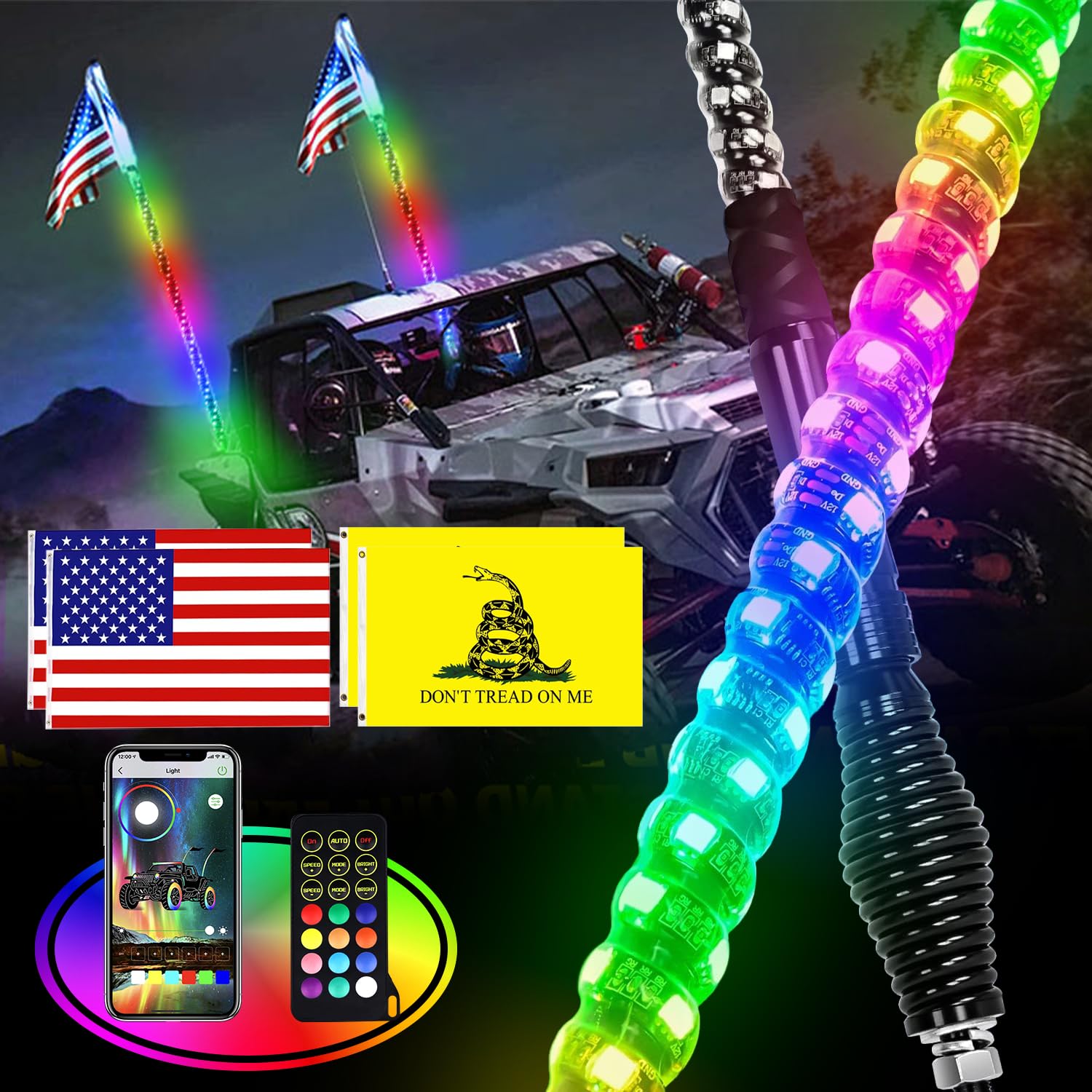 Super Bright RGB LED Whip Light - 5FT Colorful Chasing Light Bar with Spring Base, IP67 Waterproof, App & Remote Control for ATV, UTV, Boat, Truck - Perfect for Off-Road Adventures, Night Rides & Vehicle Customization