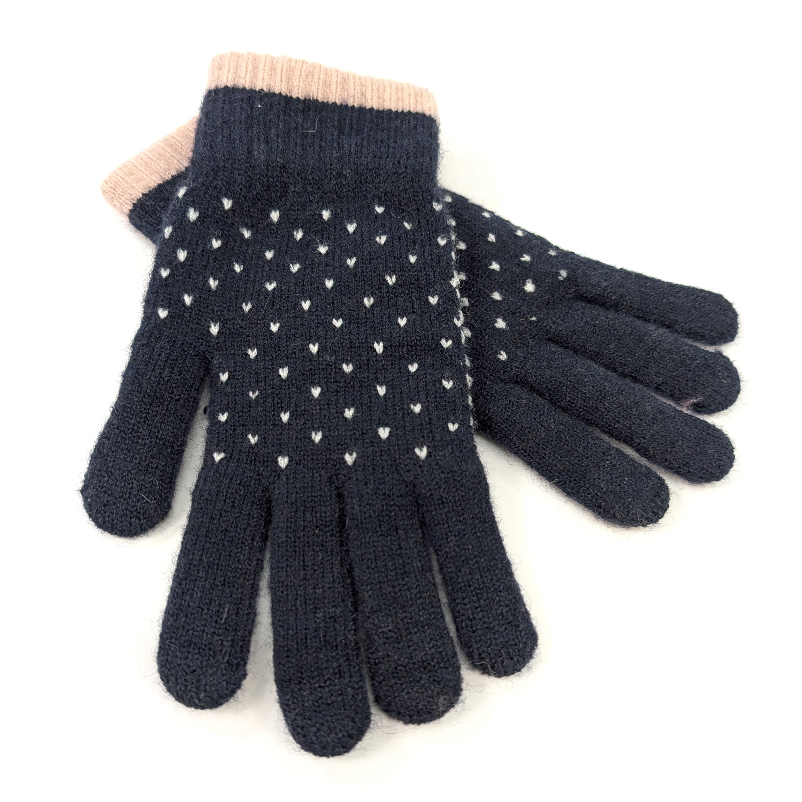 Tiny Hearts Gloves - Navy Blue Winter Gloves for Women, Soft & Warm Knitted Gloves, Perfect for Cold Weather, Outdoor Activities, and Daily Use