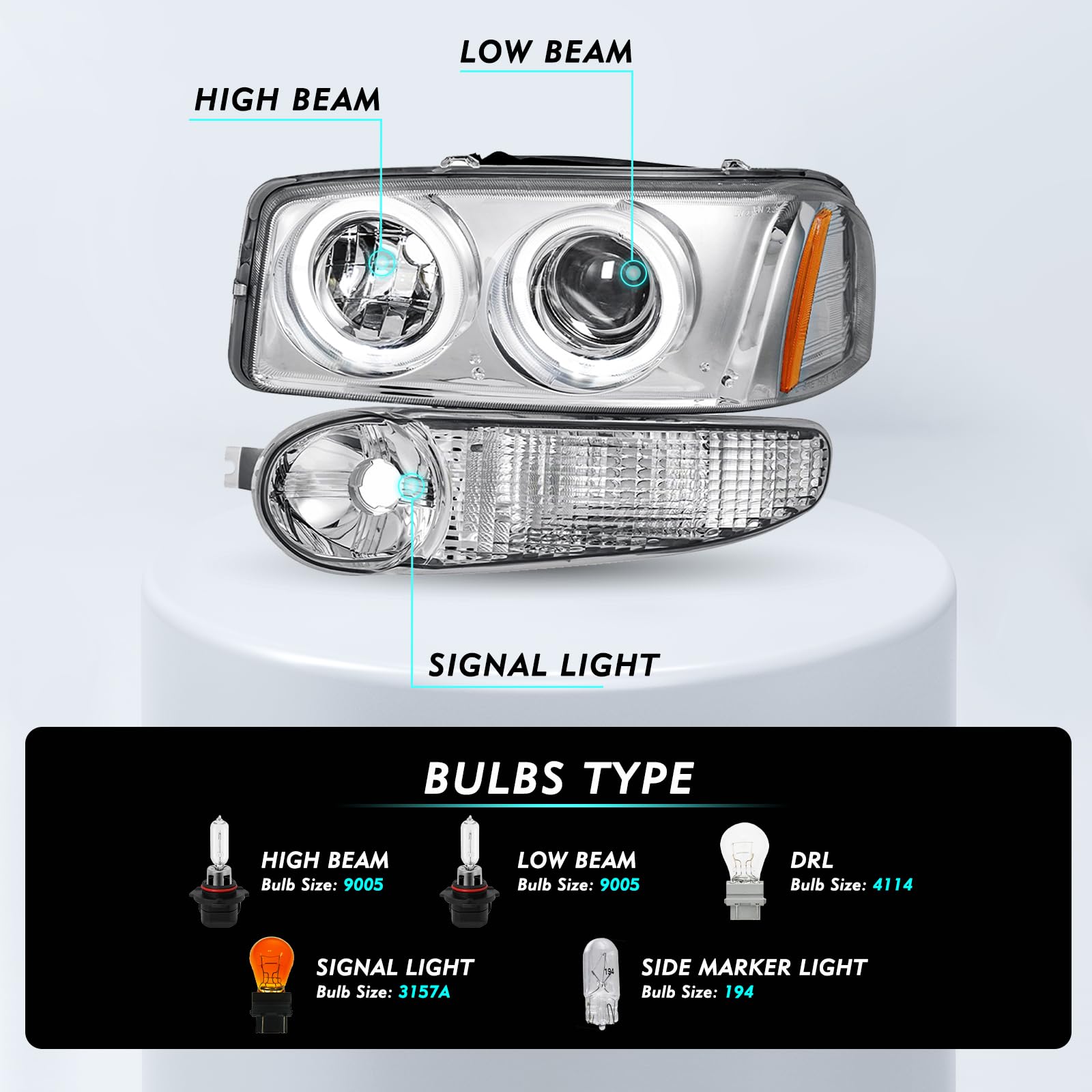 2001-2006 GMC Yukon & Yukon XL Denali Headlight Assembly - LED Projector Halo Lights with Bumper Lights - Chrome Housing Replacement for Sierra 1500 Denali (4-Piece Set) - Perfect for Night Driving & Off-Road Adventures