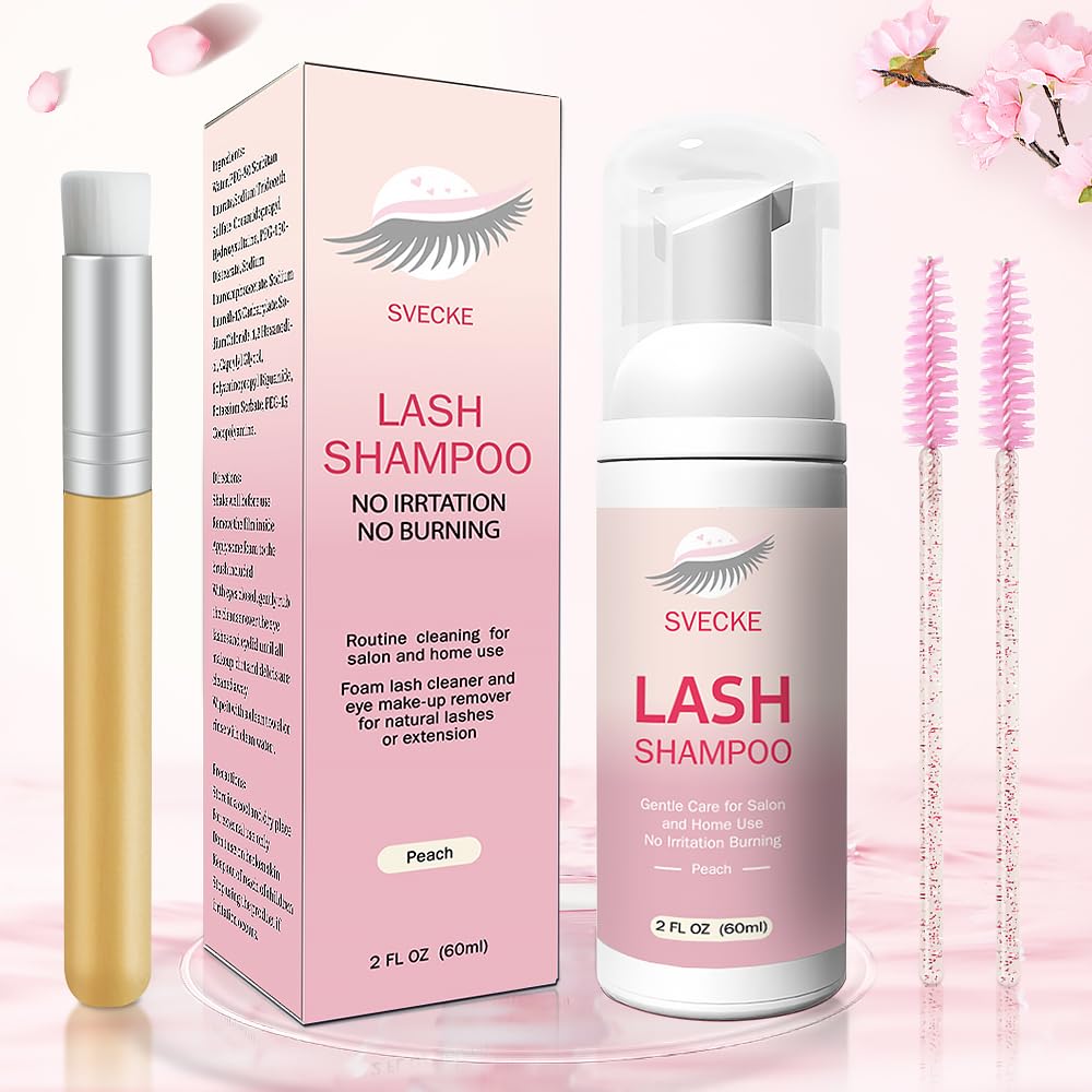 **Lash Shampoo Kit for Eyelash Extensions – 2 fl.oz / 60ml Eyelash Extension Cleanser & Foam Cleaner – Salon & Home Use (Peach Scent) – Gentle Care for Sensitive Eyes & Long-Lasting Lashes**    *(Perfect for Daily Lash Hygiene, Post-Extension Care, and Removing Makeup Residue)*