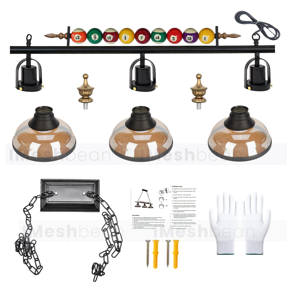 iMeshbean Pool Table Light - 7' to 8' Billiard Table Lighting Fixture with 3 Lamp Shades, Real Billiard Ball Design for Game Rooms, Bars & Cafes - Perfect for Kitchen Islands & Home Entertainment Spaces