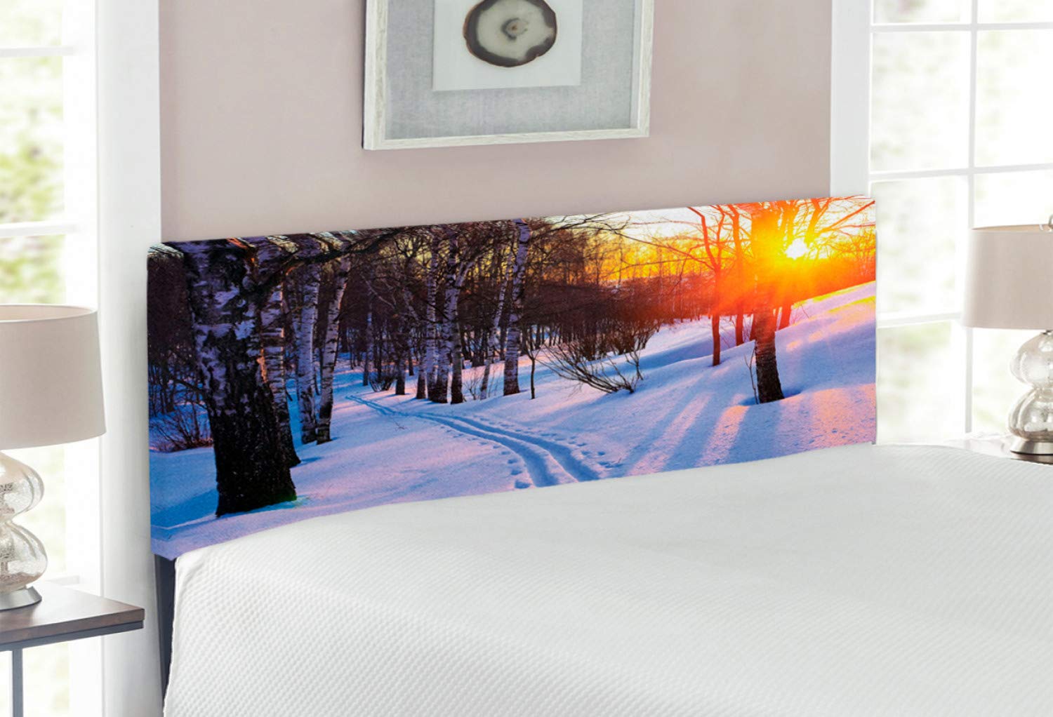 Lunarable Nature Headboard - Sunset in Winter Park Russia with Sun Rays Through Trees Pathway to Forest - Upholstered Decorative Metal Bed Headboard with Memory Foam - Full Size Amber Brown - Perfect for Cozy Bedroom Decor & Rustic Home Styling