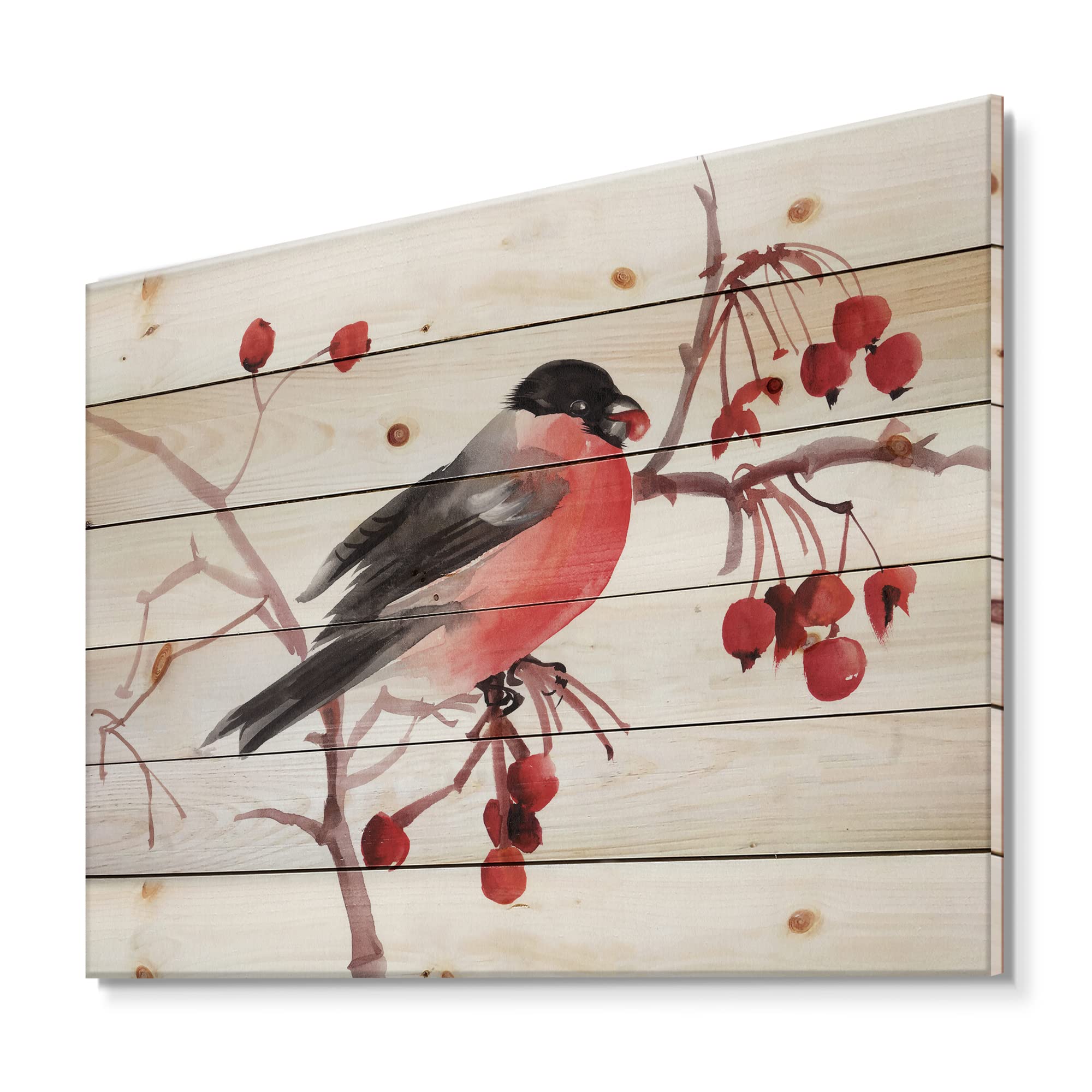 DesignQ Bullfinch Bird on Branch Traditional Wood Wall Decor - Red Wood Wall Art, Large Animal Wood Panel Printed on Natural Pine - Perfect for Living Room, Bedroom & Office Decor