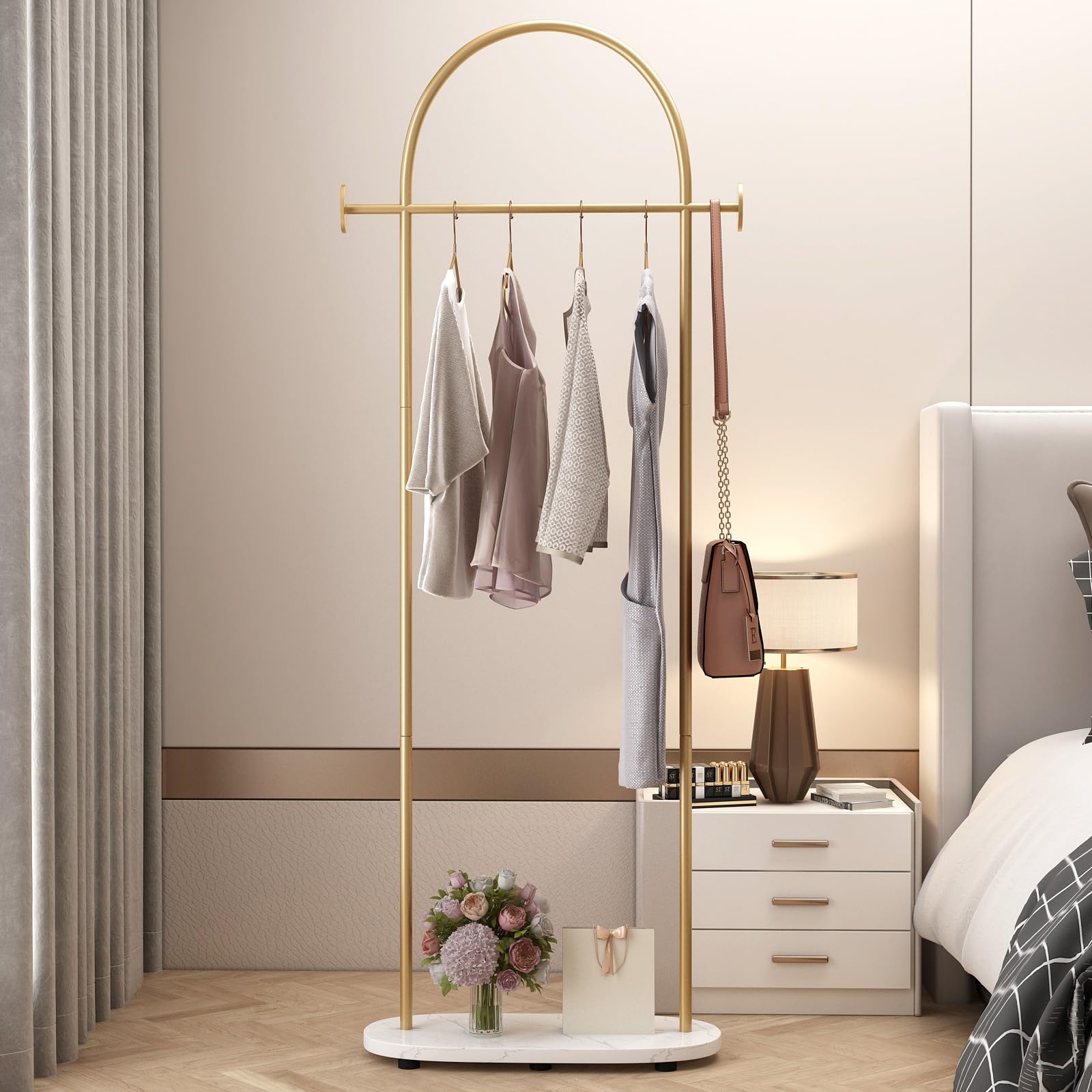 Gold Clothing Rack - Heavy Duty Freestanding Coat Rack with Shelf & Hooks | Modern Metal Garment Hanger Stand for Boutique, Office & Home Organization | Perfect for Closet Storage, Retail Display & Bedroom Decor