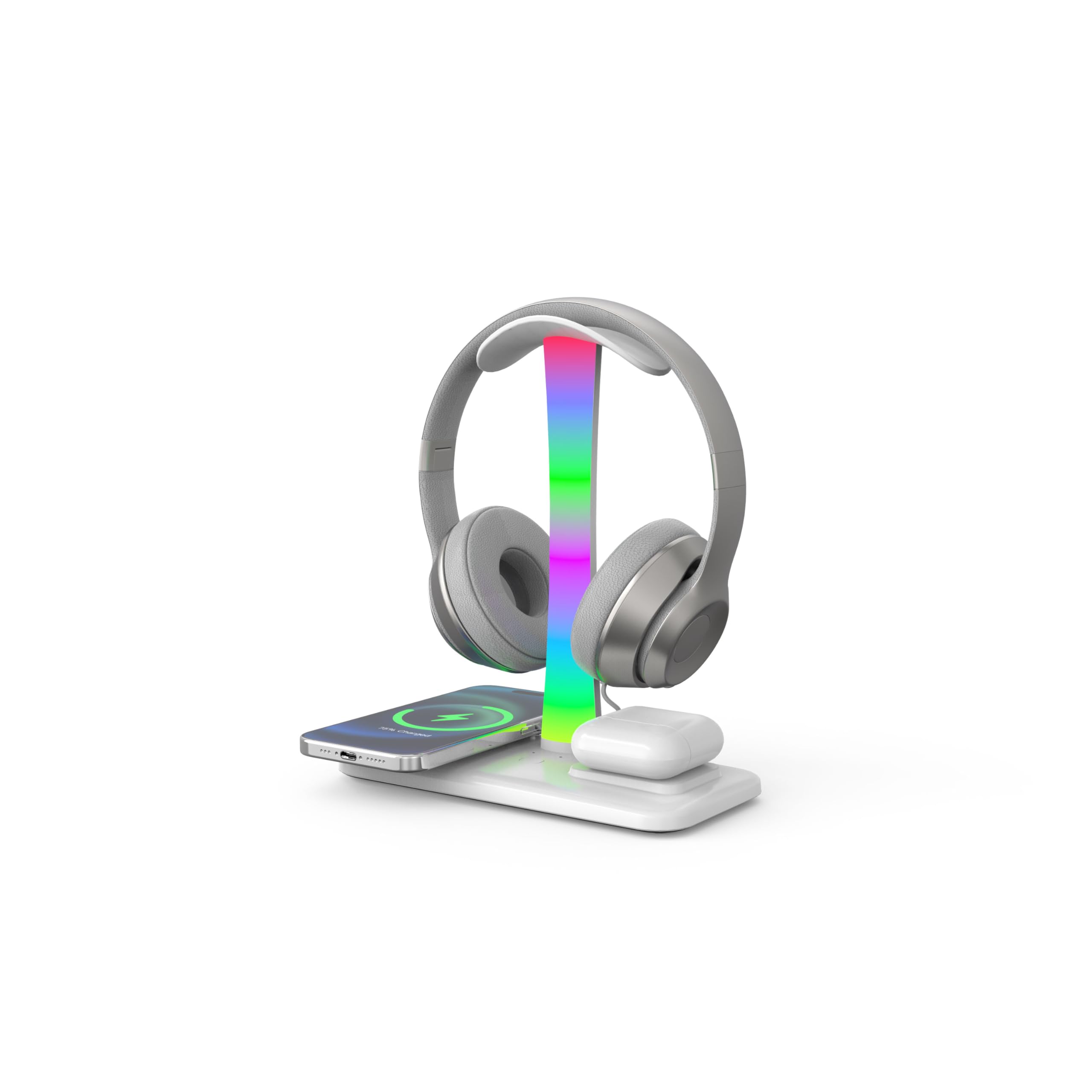 5 in 1 Wireless Charging Headphone Stand - 15W Fast Charging Station for iPhone 15/14/13/12/11/XS/XR/X, AirPods 3/2/Pro/2 - Desk Gaming Headset Holder with LED Light (White) - Perfect for Home Office, Gaming Setup & Nightstand Charging