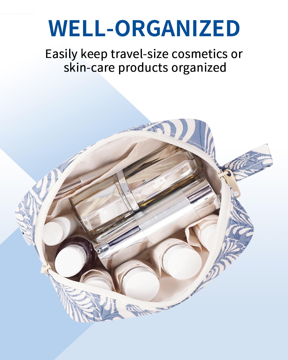 Narwey Small Cosmetic Bag for Women | Travel Mini Makeup Pouch with Zipper & Organized Pockets | Cute Purse Organizer for Cosmetics, Toiletries & Jewelry | Perfect for Travel, Daily Use & Gift Giving (Blue Leaf Design)