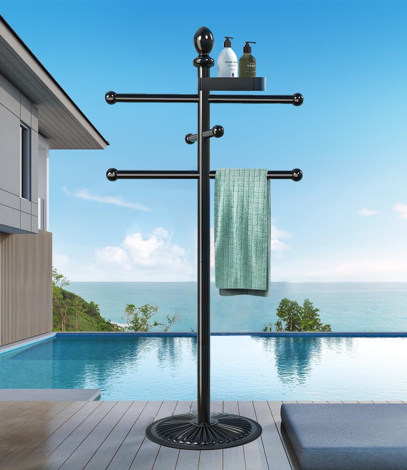Heavy Duty Metal Pool Towel Rack with 6 Bars - Rustproof Outdoor Towel Stand for Swimming Pool, Hot Tub & Spa Accessories - Perfect for Drying Towels by Poolside, Backyard or Patio