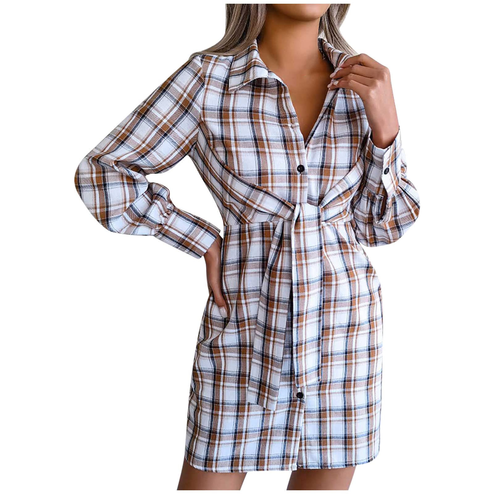 Women's Long Sleeve Plaid Tie Front Button Down Shirt Dress - Casual Loose Fit Mini Shift Dress for Spring | Office Wear, Date Night & Everyday Outfits