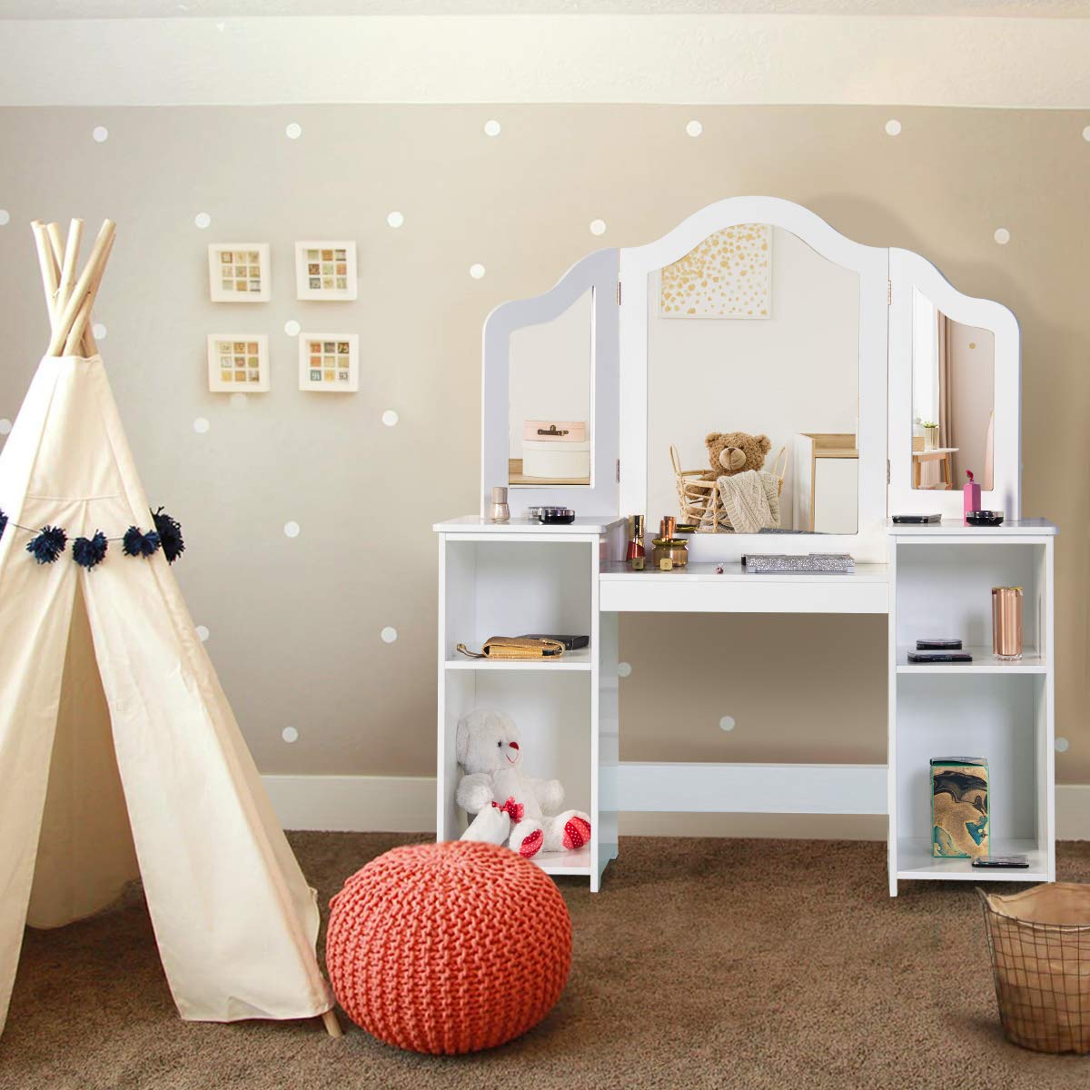 GOFLAME Kids Vanity Table with Writing Desk - 2 in 1 Detachable Princess Style Vanity Set, White MDF with Plastic Mirror, 42