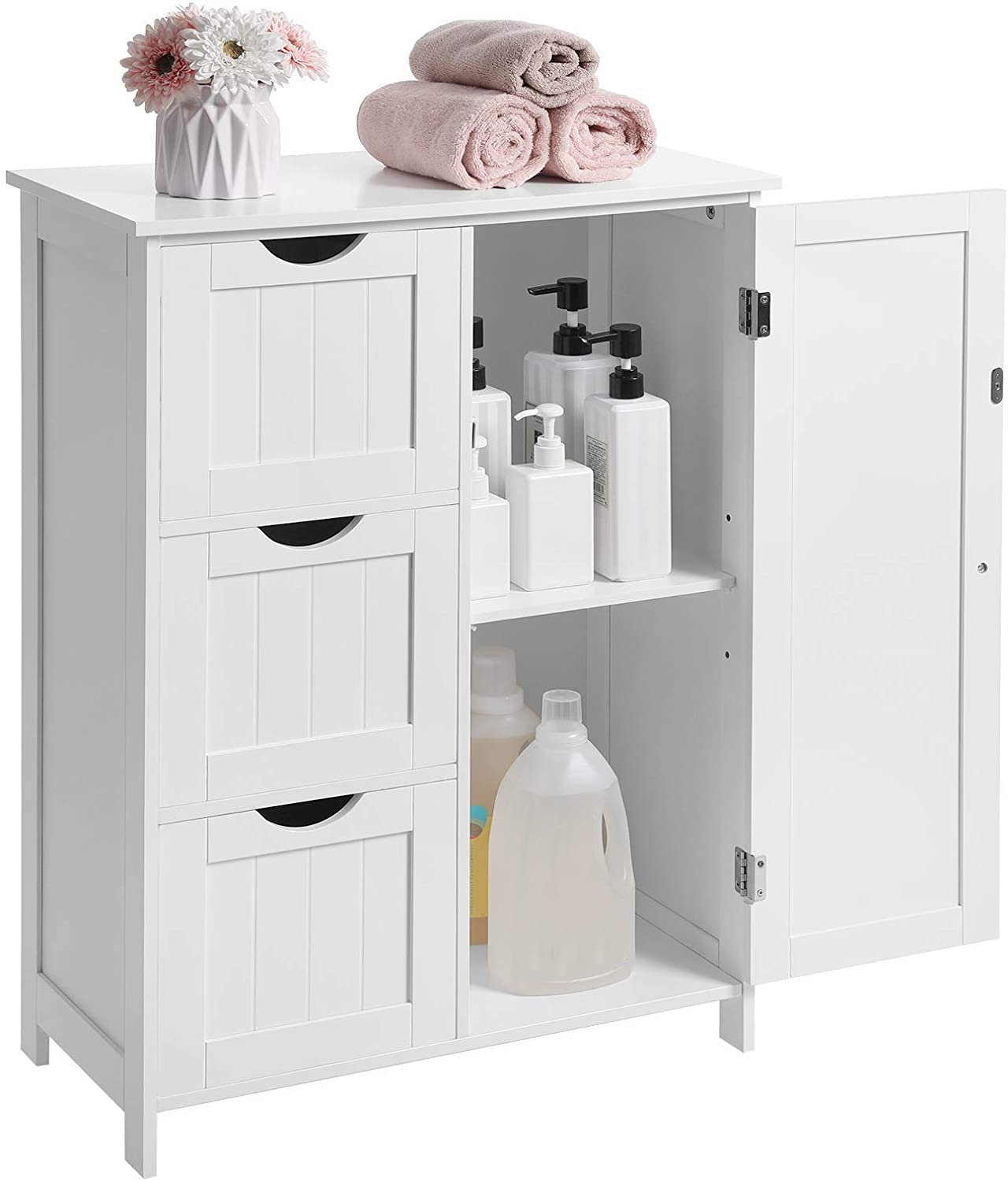 White Wooden Bathroom Storage Cabinet with Drawers - Freestanding Organizer for Kitchen, Bedroom & Hallway