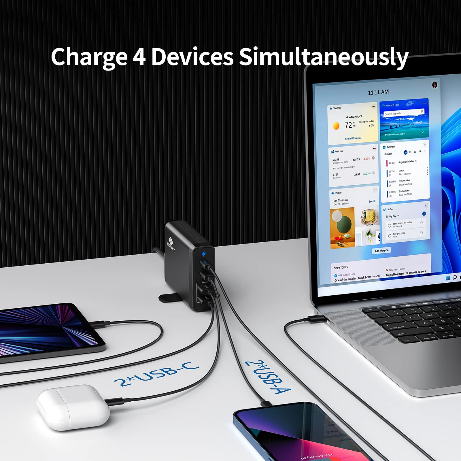 4-Port USB Charger Block with USB C & USB A - Fast Wall Charging Station for iPhone 15/14/13 Pro Max, Galaxy, MacBook Air, Laptop, Tablet, iPad - Includes 4 ft Extension Cord | Perfect for Home, Office & Travel Charging Multiple Devices Simultaneously