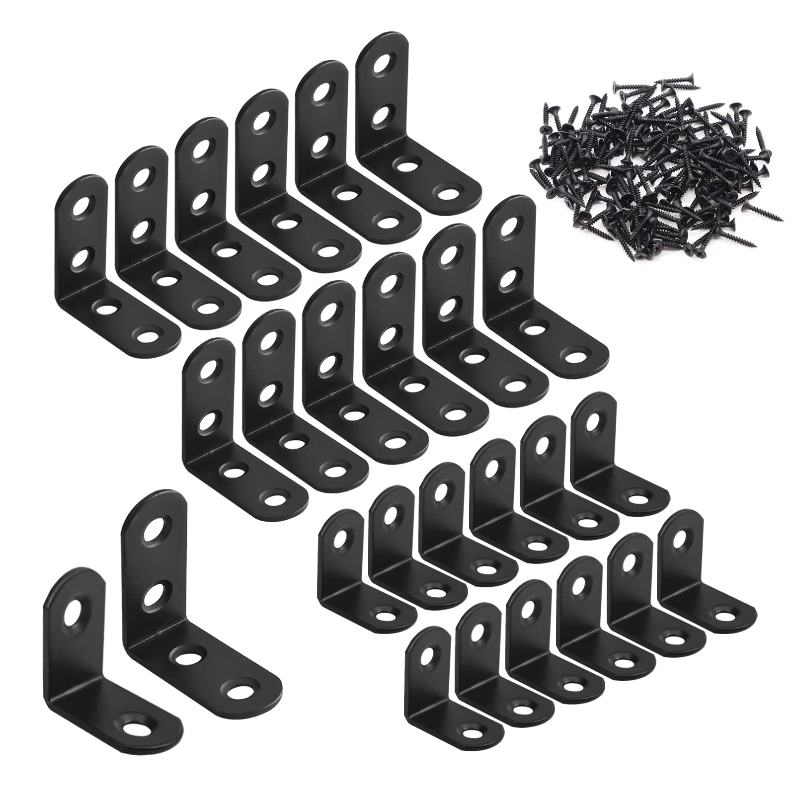 24-Pack Black Corner Brackets with Screws - Heavy Duty 25mm & 40mm Angle Brackets for Wooden Furniture, Chairs, Cabinets - Perfect for DIY Home Improvement & Furniture Repair Projects