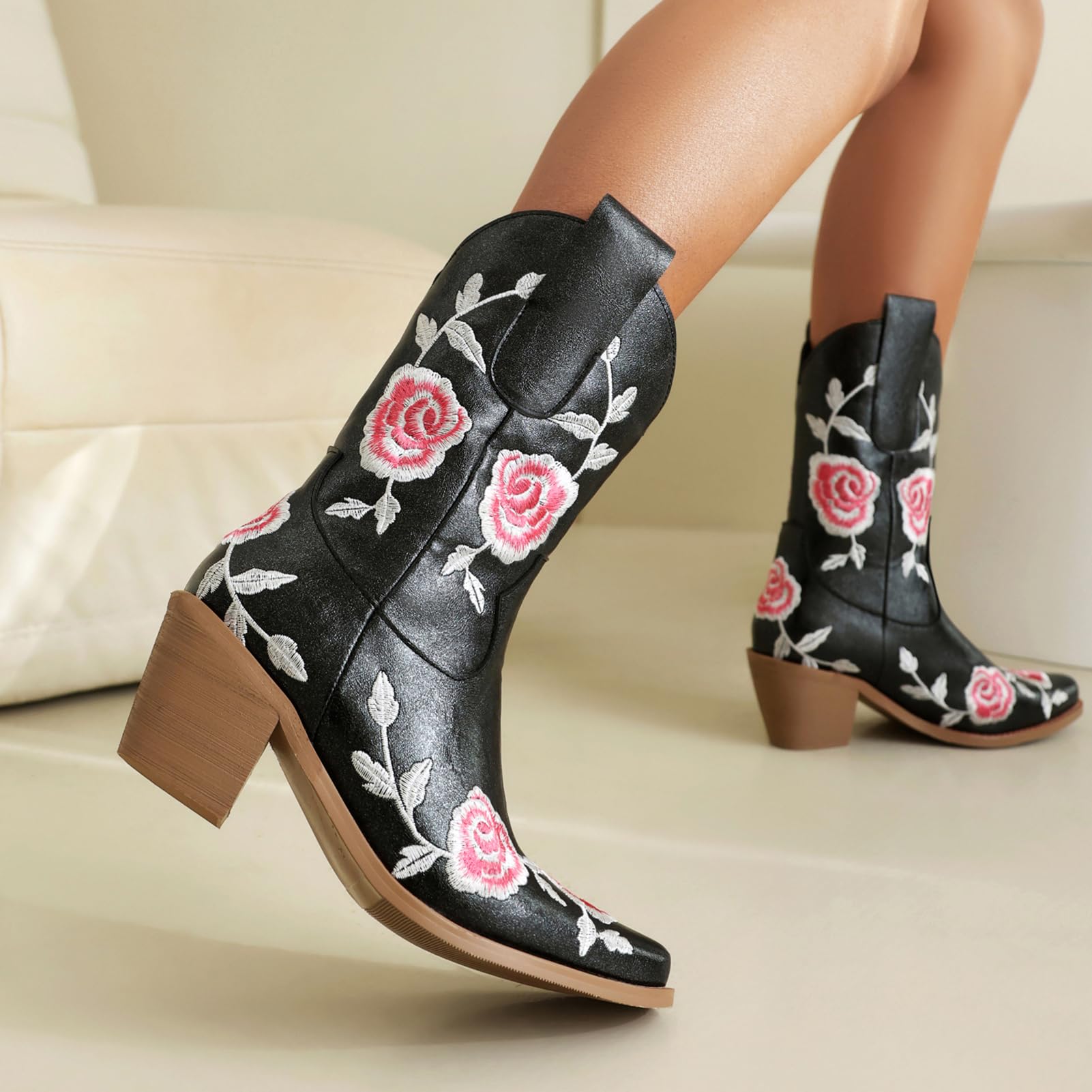 Roimaash Fashion Women's Rose Embroidery Cowgirl Boots - Ankle High Western Cowboy Boots for Country Dancing, Rodeo & Casual Wear