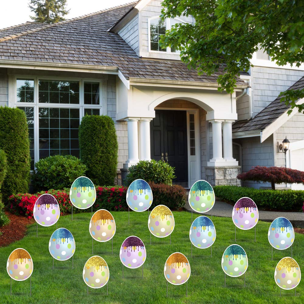 VictoryStore Jumbo Easter Egg Yard Decorations - Set of 16 Glitter Drip Outdoor Easter Eggs (9.8x12 Inches) with Short Stakes for Spring Garden Party, Easter Egg Hunt & Holiday Lawn Decor