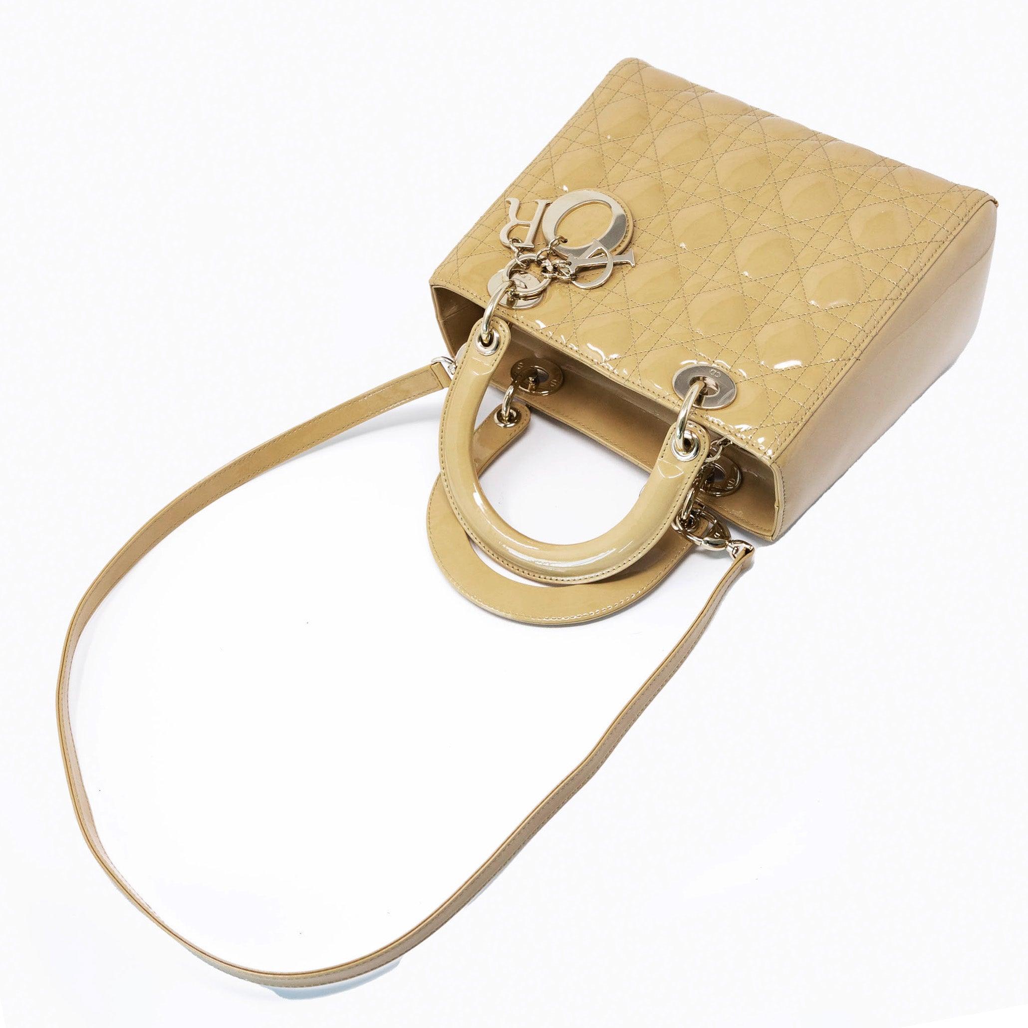 Dior Beige Patent Leather Medium Lady Dior Handbag - Luxury Designer Shoulder Bag for Women, Perfect for Parties, Weddings & Special Occasions
