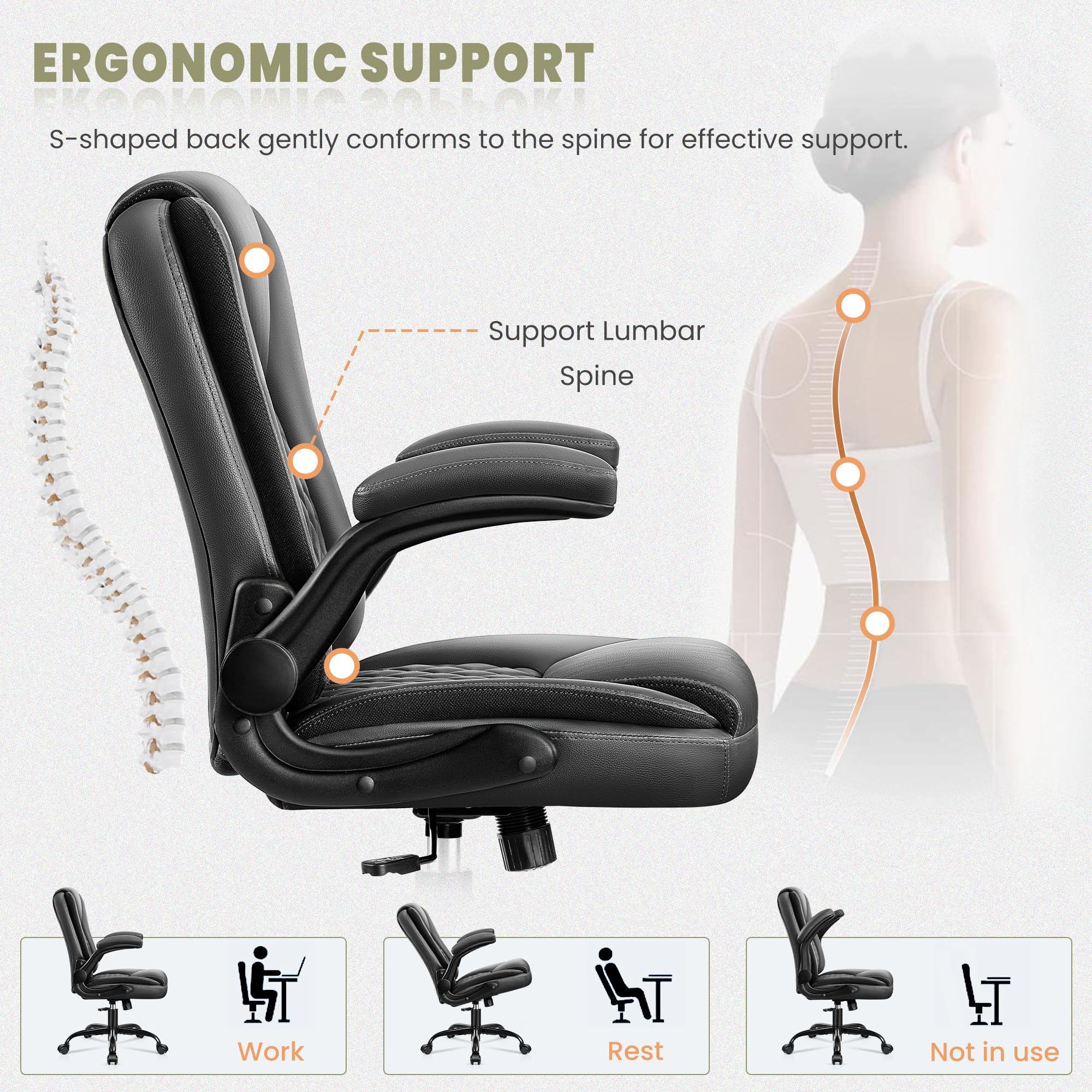 Premium Ergonomic Leather Executive Office Chair with Lumbar Support, Swivel & Wheels - Adjustable Flip-Up Armrests Black for Home Office, Computer Desk & Workspace Comfort