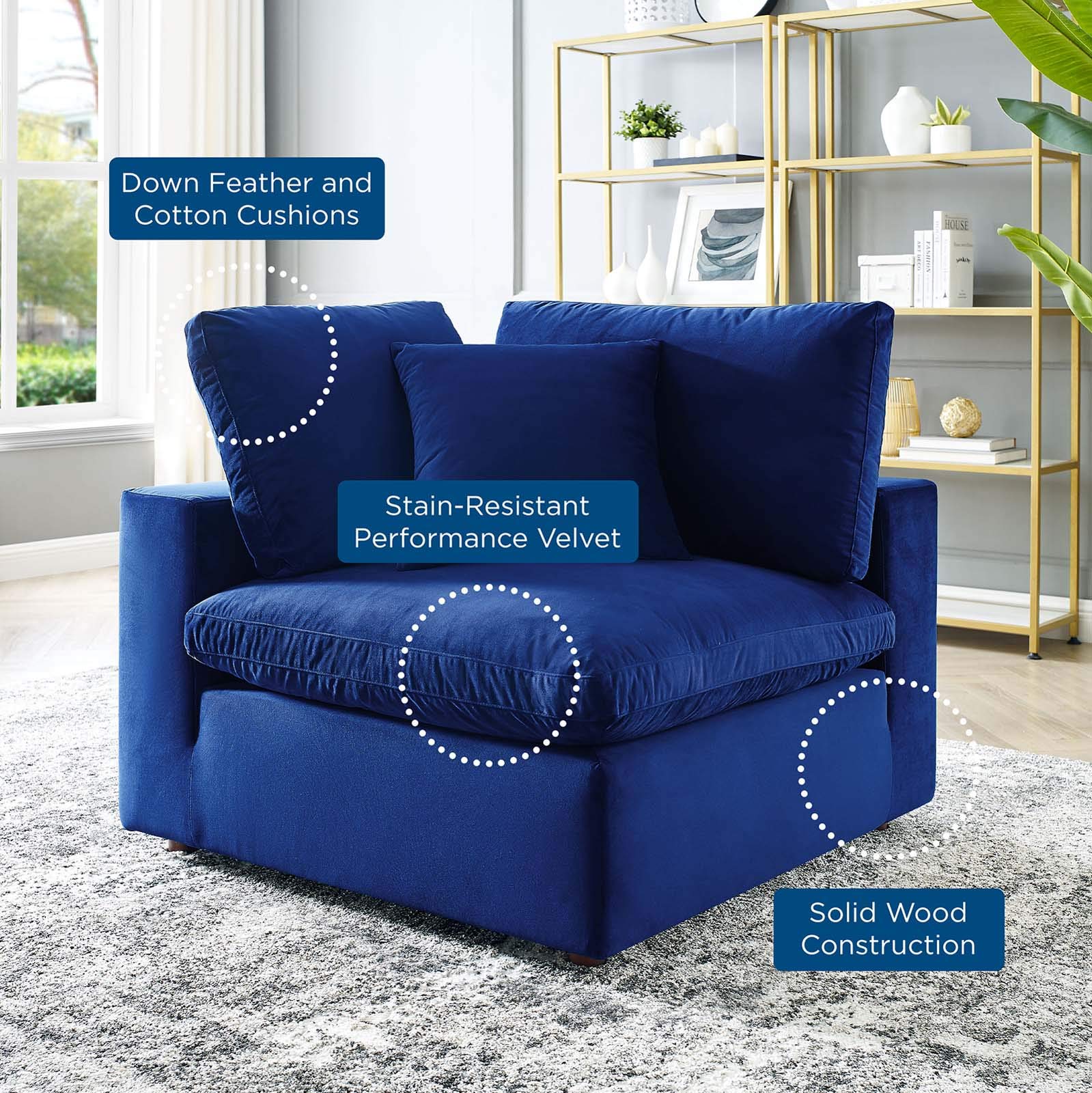 Modway Commix Down-Filled Overstuffed Performance Velvet Sectional Sofa Corner Chair - Luxurious Living Room Furniture for Modern Home & Apartment Decor