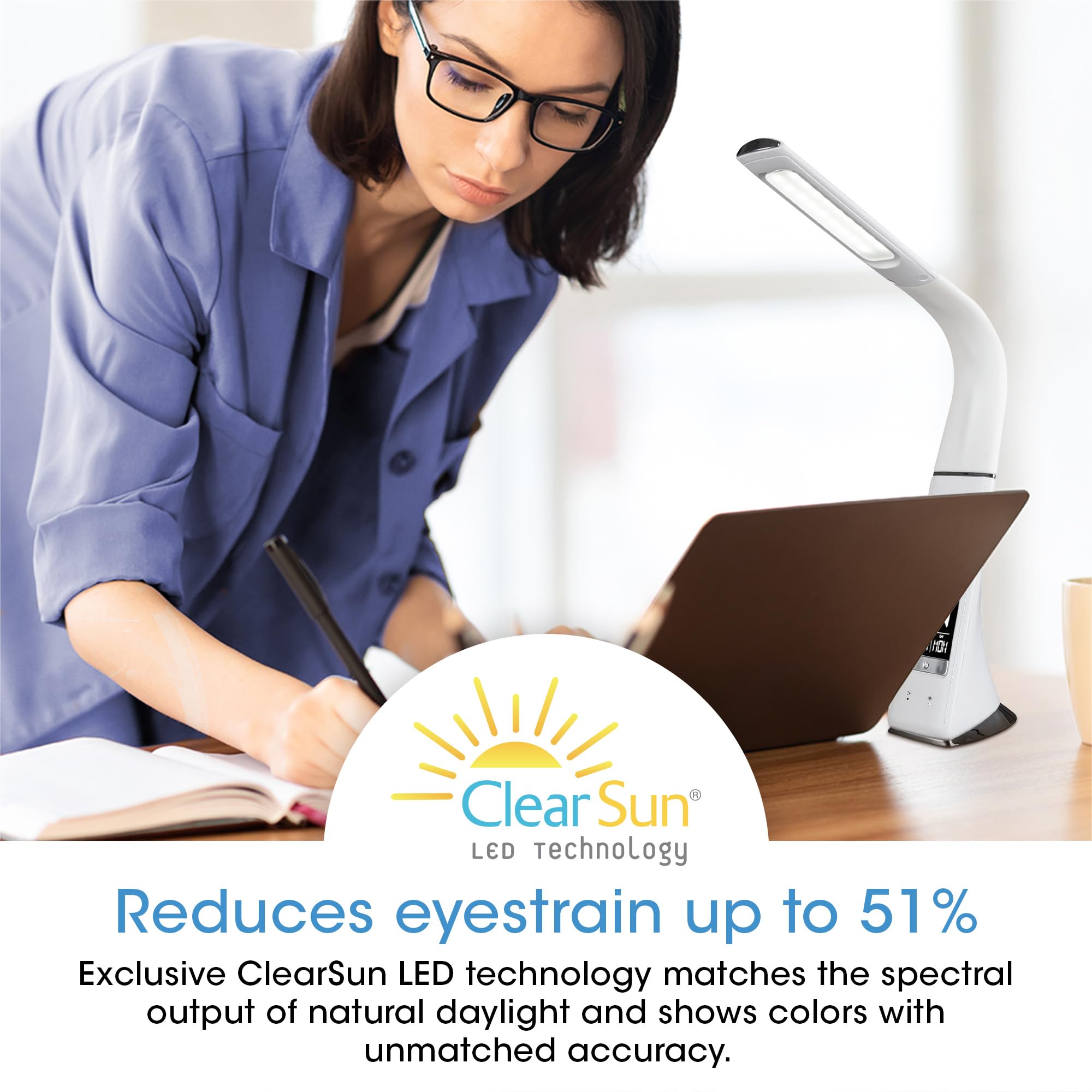 OttLite Thrive LED Sanitizing Desk Lamp with Digital Clock & USB Charger - 99.9% Bacteria Elimination, Touch Control, Adjustable Gooseneck for Home Office, Reading, Crafting | Perfect for Nightstands, Dorm Rooms & Workspaces