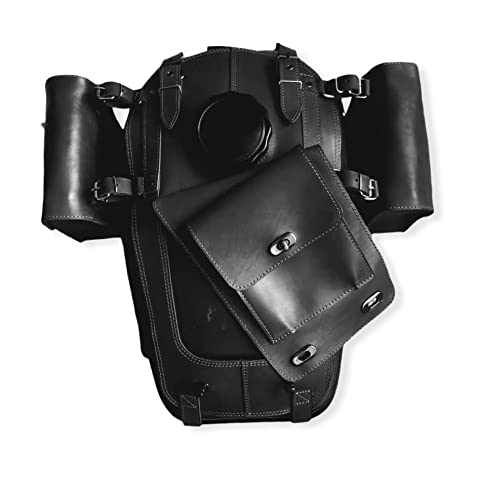 Genuine Leather URAL Fuel Tank Gas Bags with Storage Hole, 1 Pocket & 2 Detachable Side Bags - Black | Motorcycle Accessories for Storage & Travel