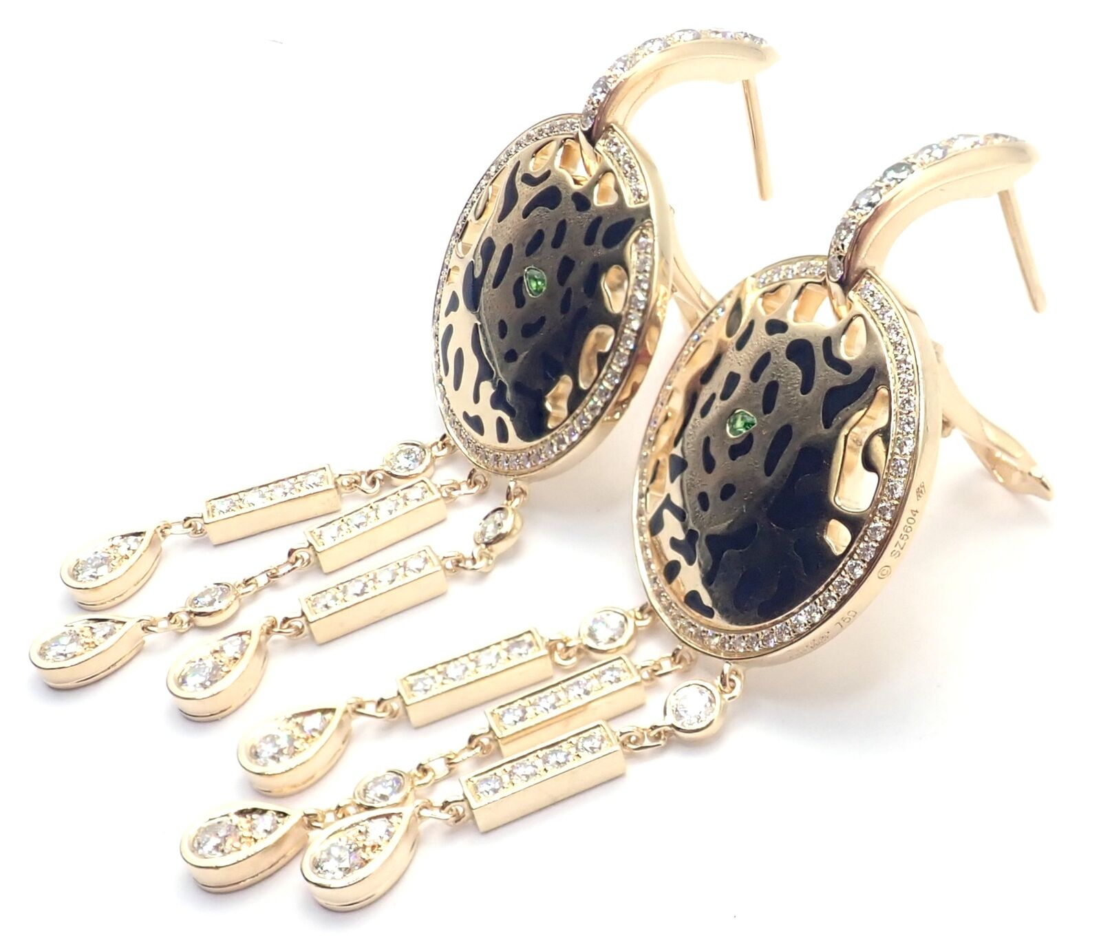 Authentic Cartier Panther 18K Yellow Gold Diamond Lacquer Tsavorite Earrings | Luxury Jewelry for Women | Perfect for Gifts, Parties & Special Occasions