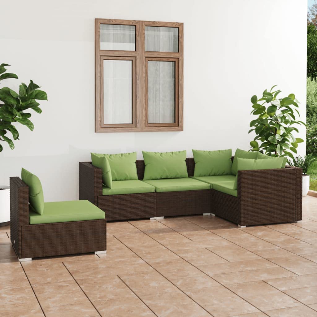 5-Piece Brown Poly Rattan Patio Lounge Set with Green Cushions | Modular Outdoor Furniture for Garden, Poolside & Backyard | Easy Assembly VidaXL