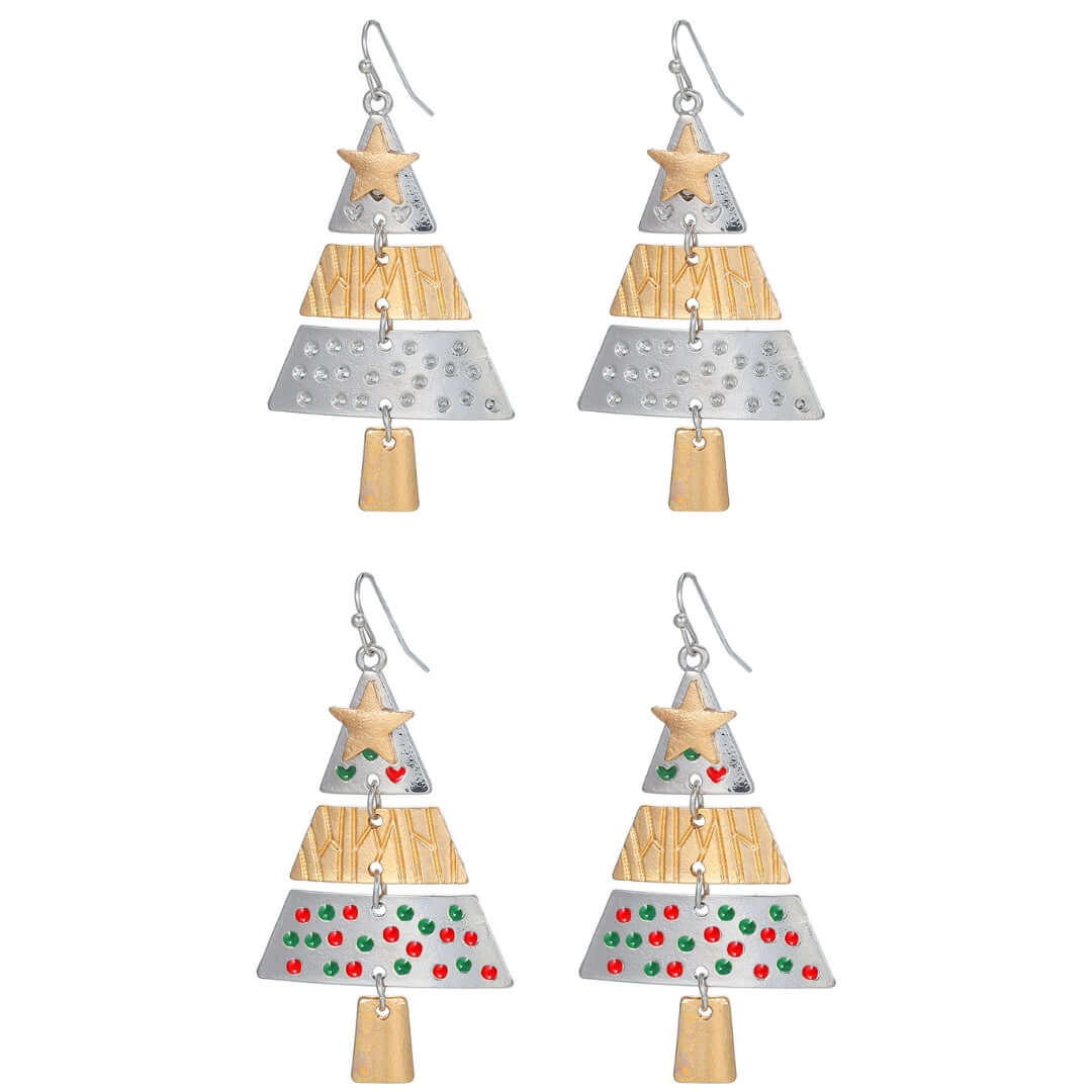 Christmas Tree Xmas Star 2-Tone Dangle Earrings for Women | Holiday Party Jewelry Gift | D1248 | Perfect for Christmas Celebrations & Festive Outfits