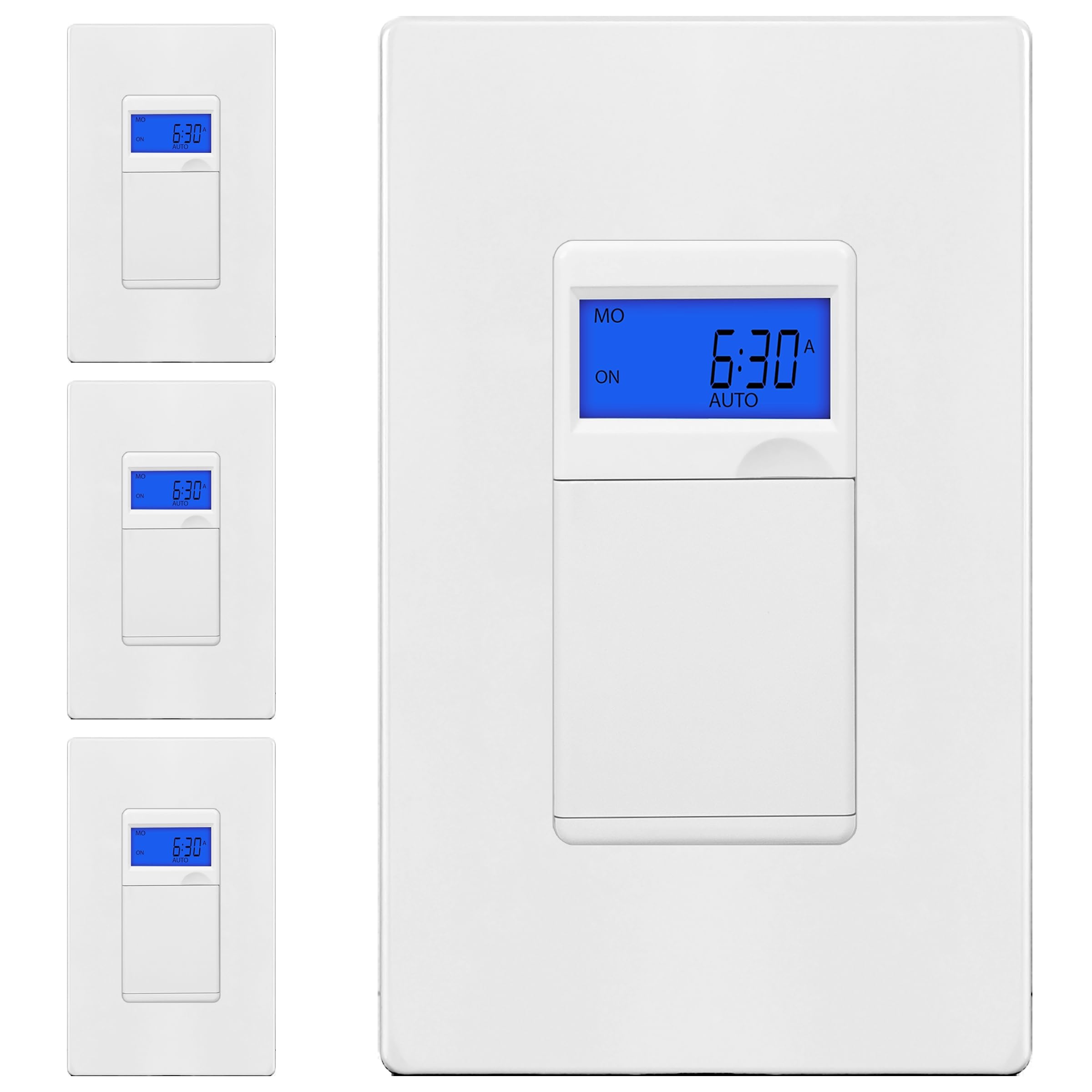 Enerlites 7-Day Digital Programmable Timer Switch for Lights, Fans & Motors - Single Pole, Neutral Wire Required, 18 ON/Off Settings with Blue Backlight - HET01 White (4-Pack) - Perfect for Home Automation, Energy Savings & Vacation Lighting Control