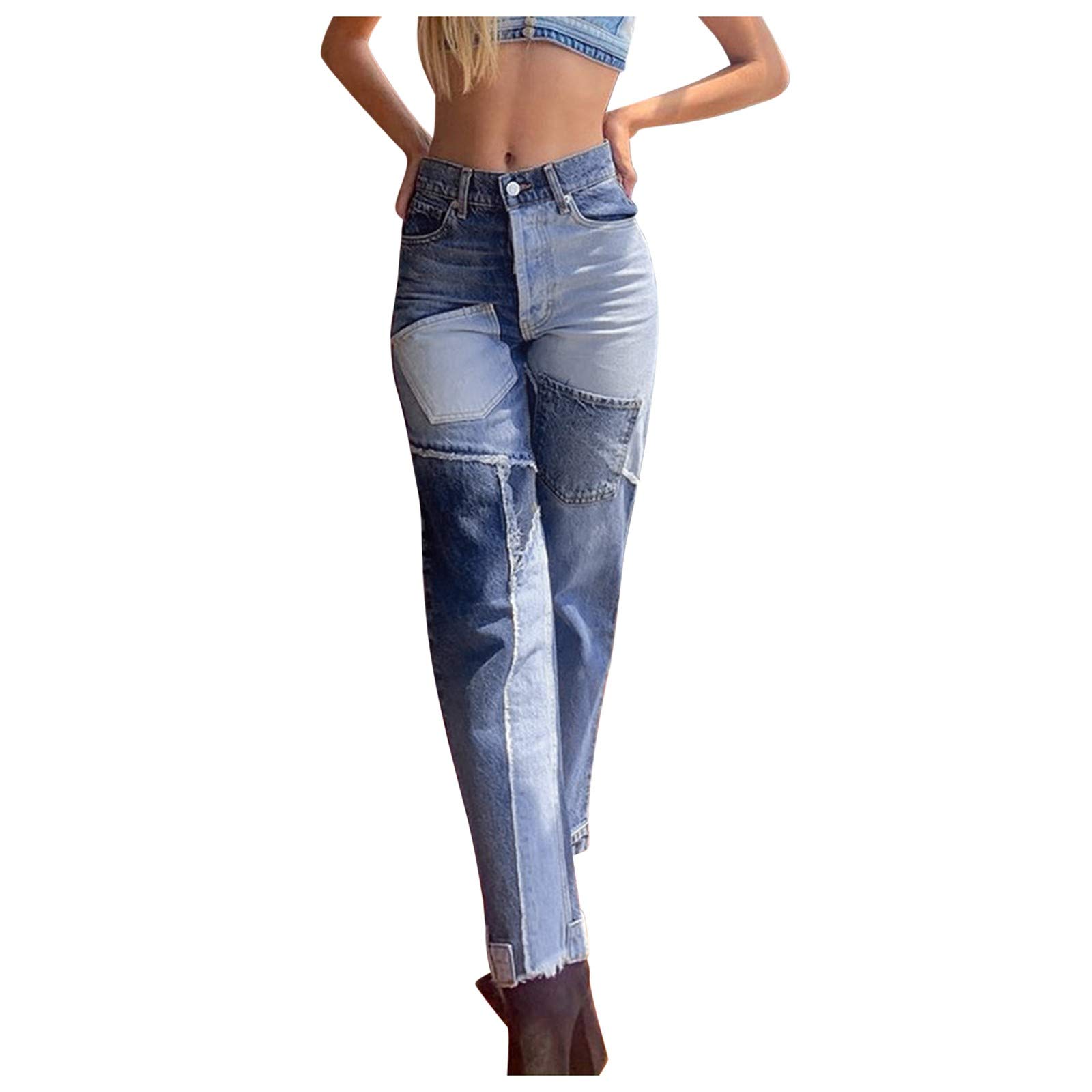 Women's High-Waisted Spliced Color Ripped Trumpet Jeans - Perfect for Casual Outings and Night Out
