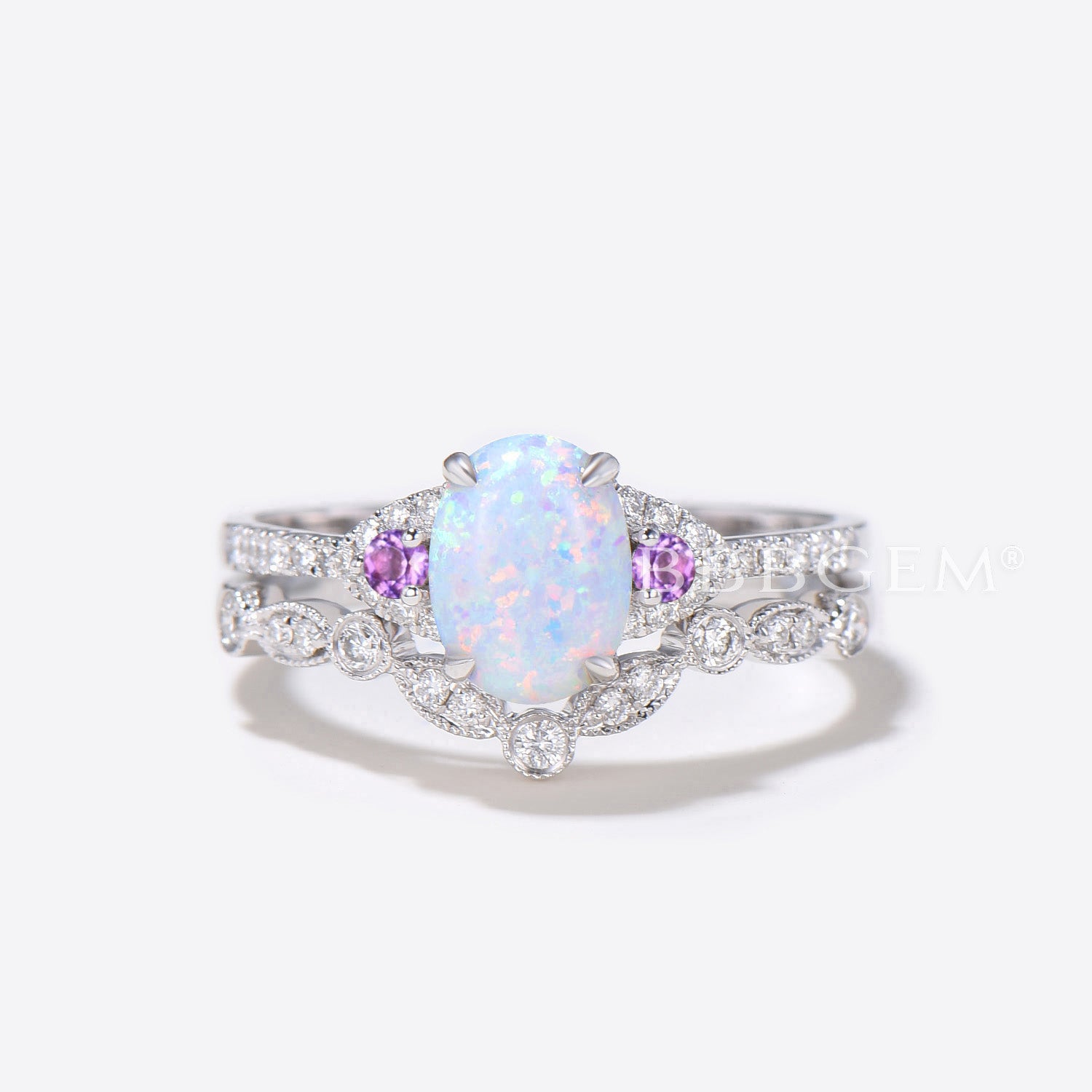 Vintage Art Deco Oval Opal Diamond Engagement Ring for Women - 14K Rose Gold Wedding Band with Amethyst Accent - Perfect for Proposals, Anniversaries & Special Occasions