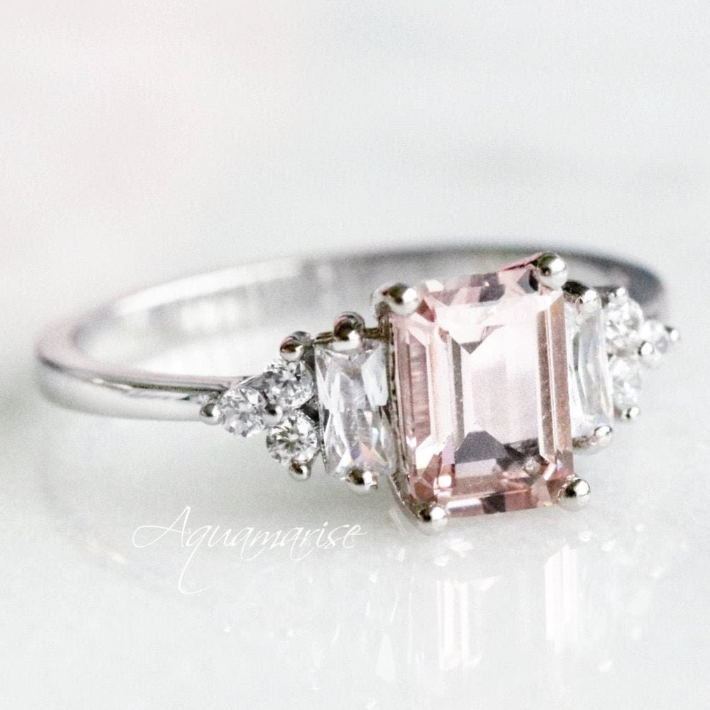 Amelia Morganite Ring in Sterling Silver – Elegant Rose Gold Plated Jewelry for Women, Perfect for Engagement, Wedding & Anniversary Gifts