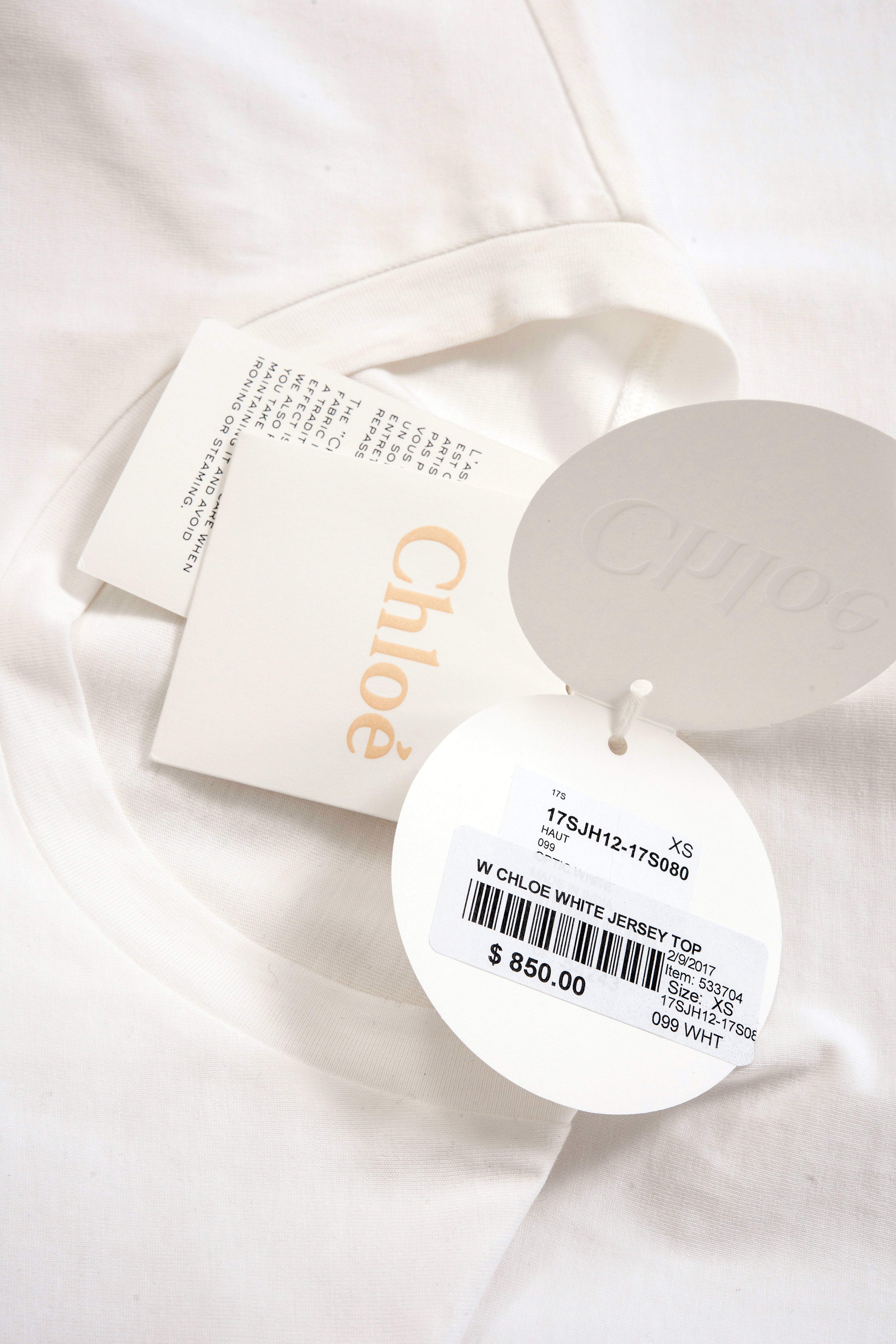 Chloe Spring 2017 Women's White T-Shirt with Ivory Silk Chiffon Ruffle Sleeves - Elegant Blouse for Casual Wear, Office Outfits & Spring Fashion