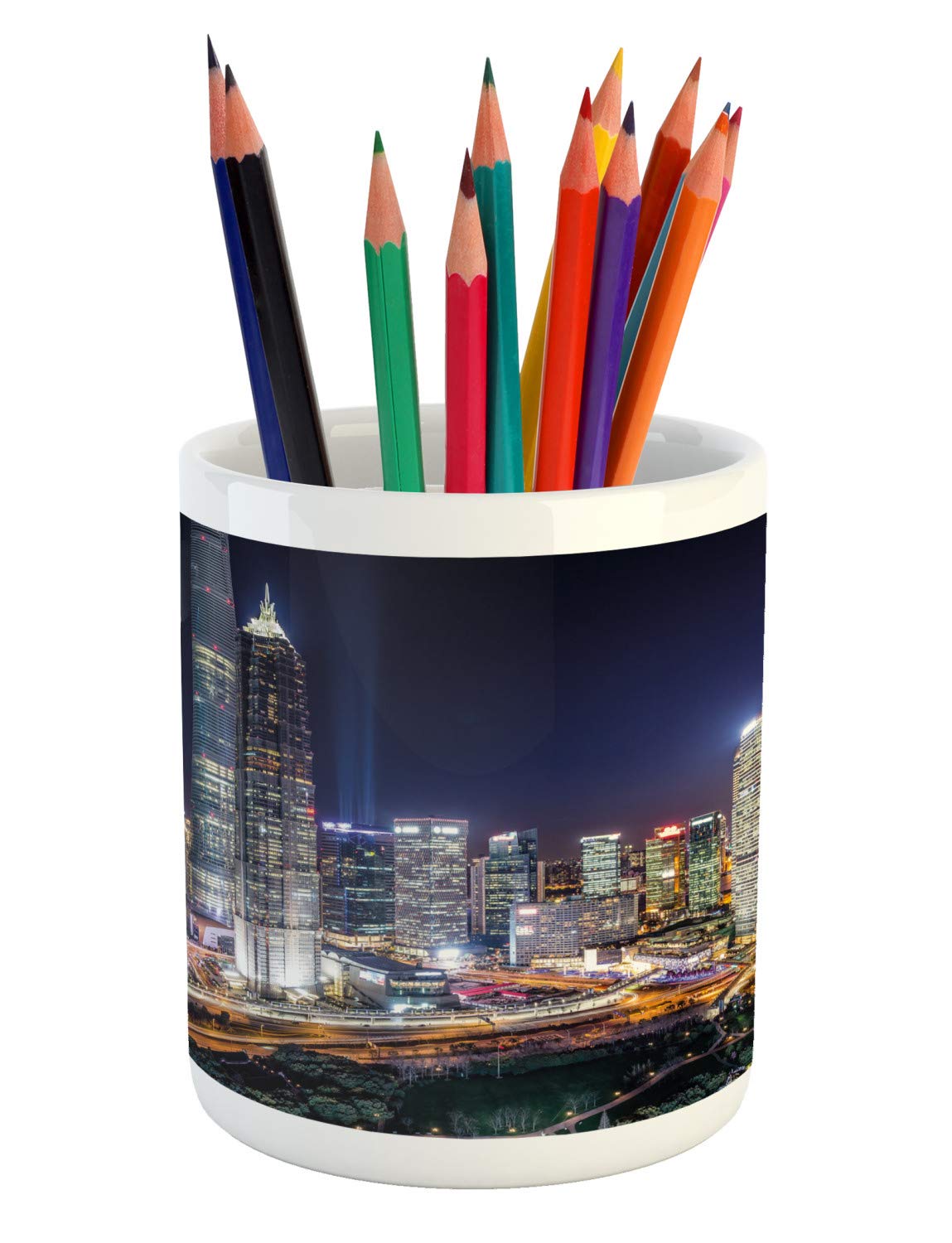 Ambesonne Urban Pencil Holder - Modern City Skyline Skyscraper Night View Design, Ceramic Desk Organizer for Office & Home Use | Perfect for Artists, Writers & Professionals
