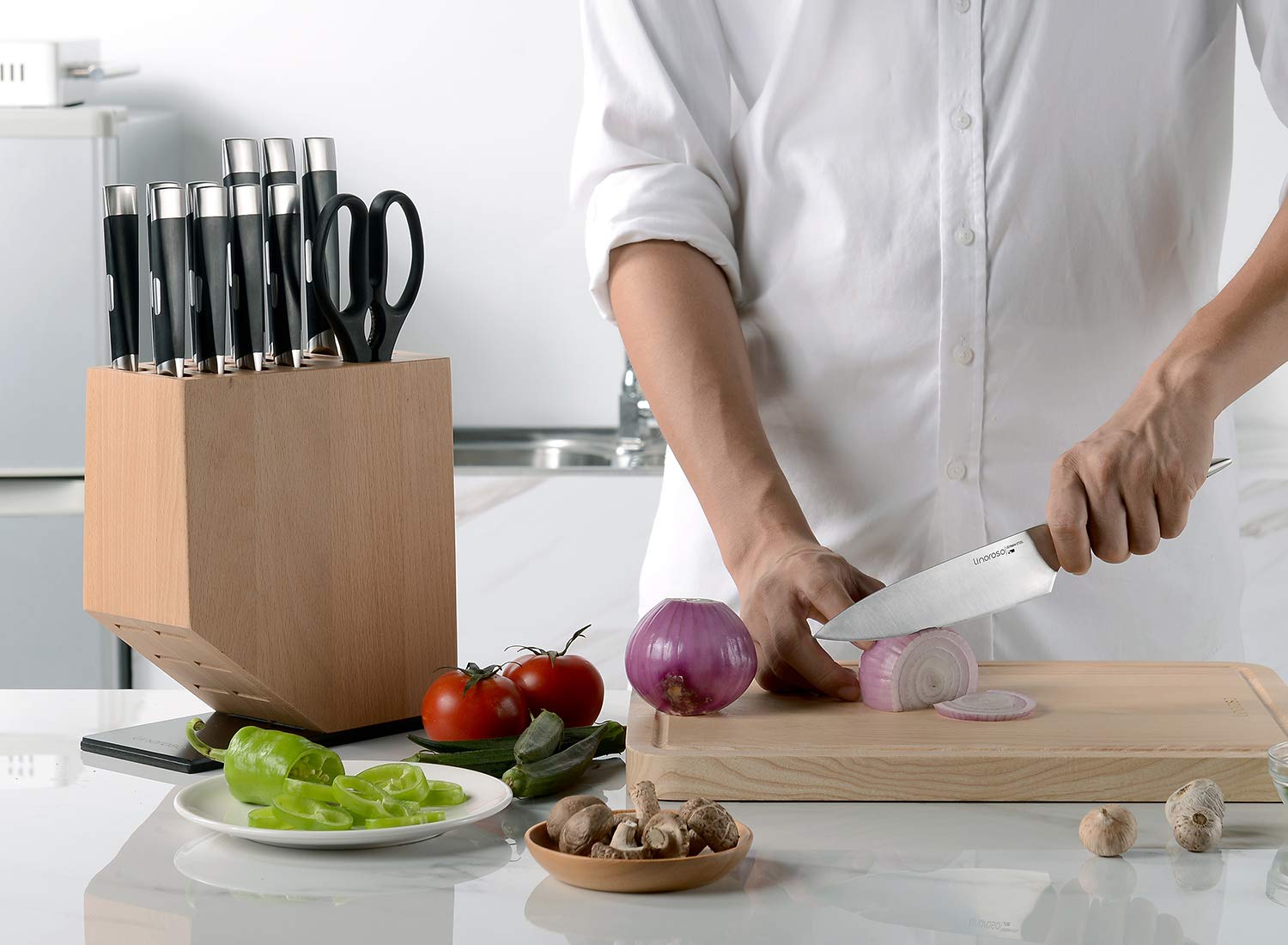 Linoroso 13-Piece German High Carbon Stainless Steel Knife Set with Beech Wood Block - Professional Chef Knives for Kitchen Cooking, Slicing, Dicing - Perfect for Home Chefs & Culinary Enthusiasts