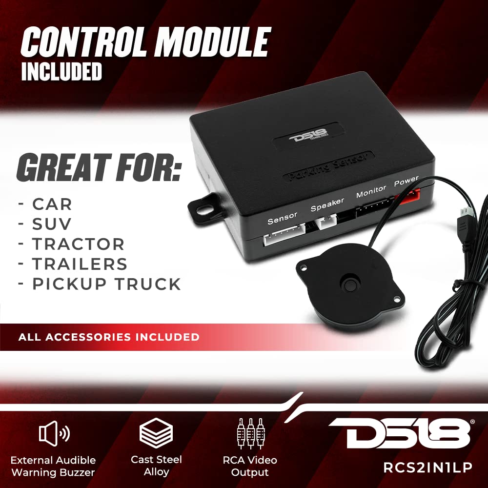 DS18 RCS2IN1LP-BK Waterproof License Plate Reverse Camera with Backup Buzzer & LED Night Vision - Parking Assistance, Rear View Safety for Trucks, SUVs, RVs | Easy Installation, All-Weather Performance