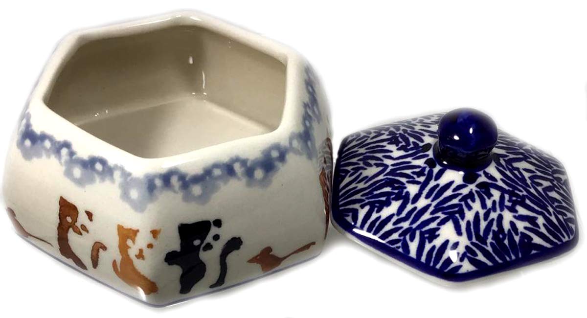 Handmade Polish Pottery Jewelry Box with Lid - Cats and Mice Design - Decorative Trinket Storage Container - Perfect for Jewelry, Pet Treats & Small Keepsakes - Gift Idea for Cat Lovers