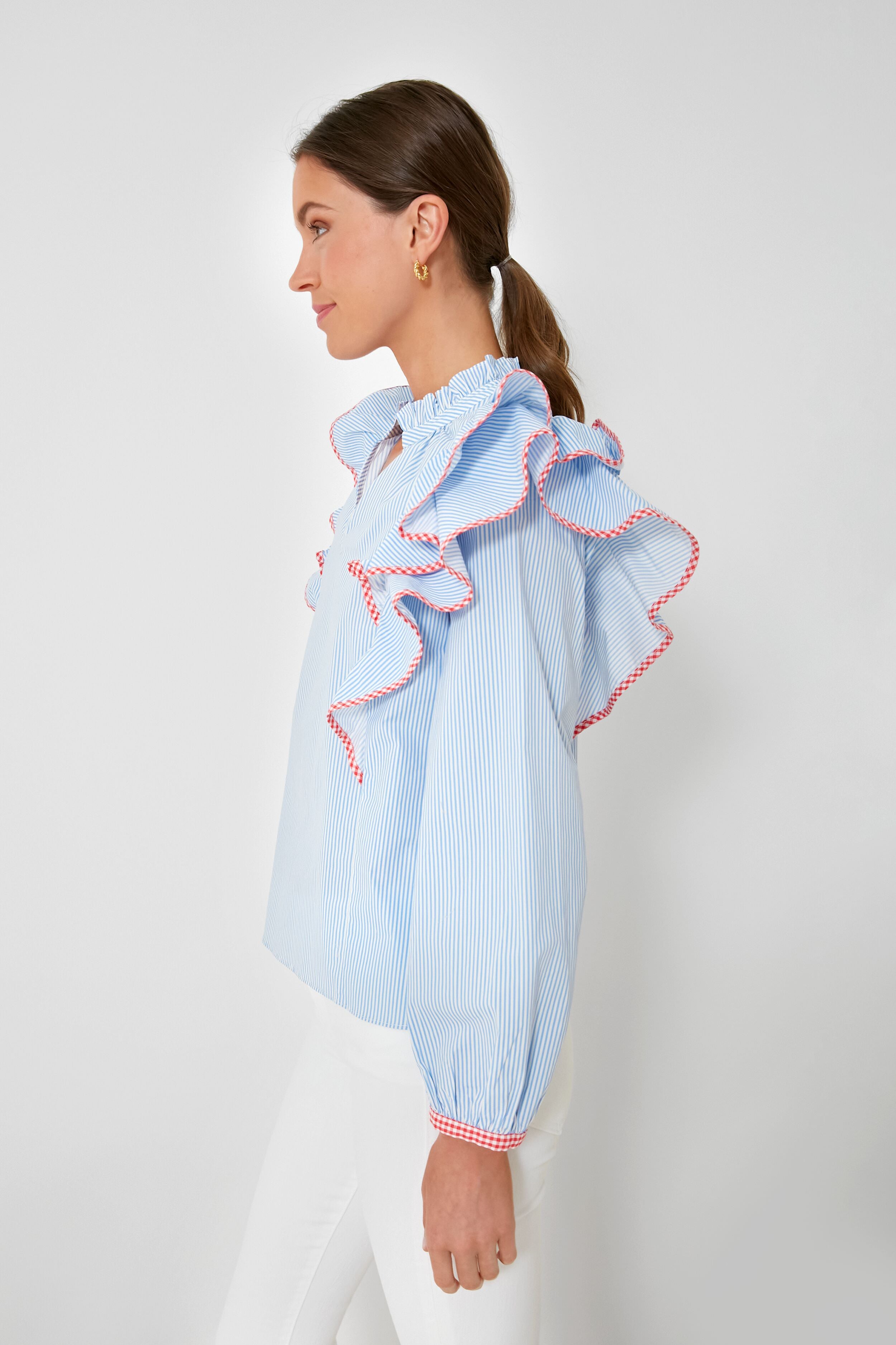 Blue Stripe Gingham Ruffle Holly Blouse - Women's Vintage Style Ruffled Top for Spring & Summer - Perfect for Office, Date Night & Casual Outings