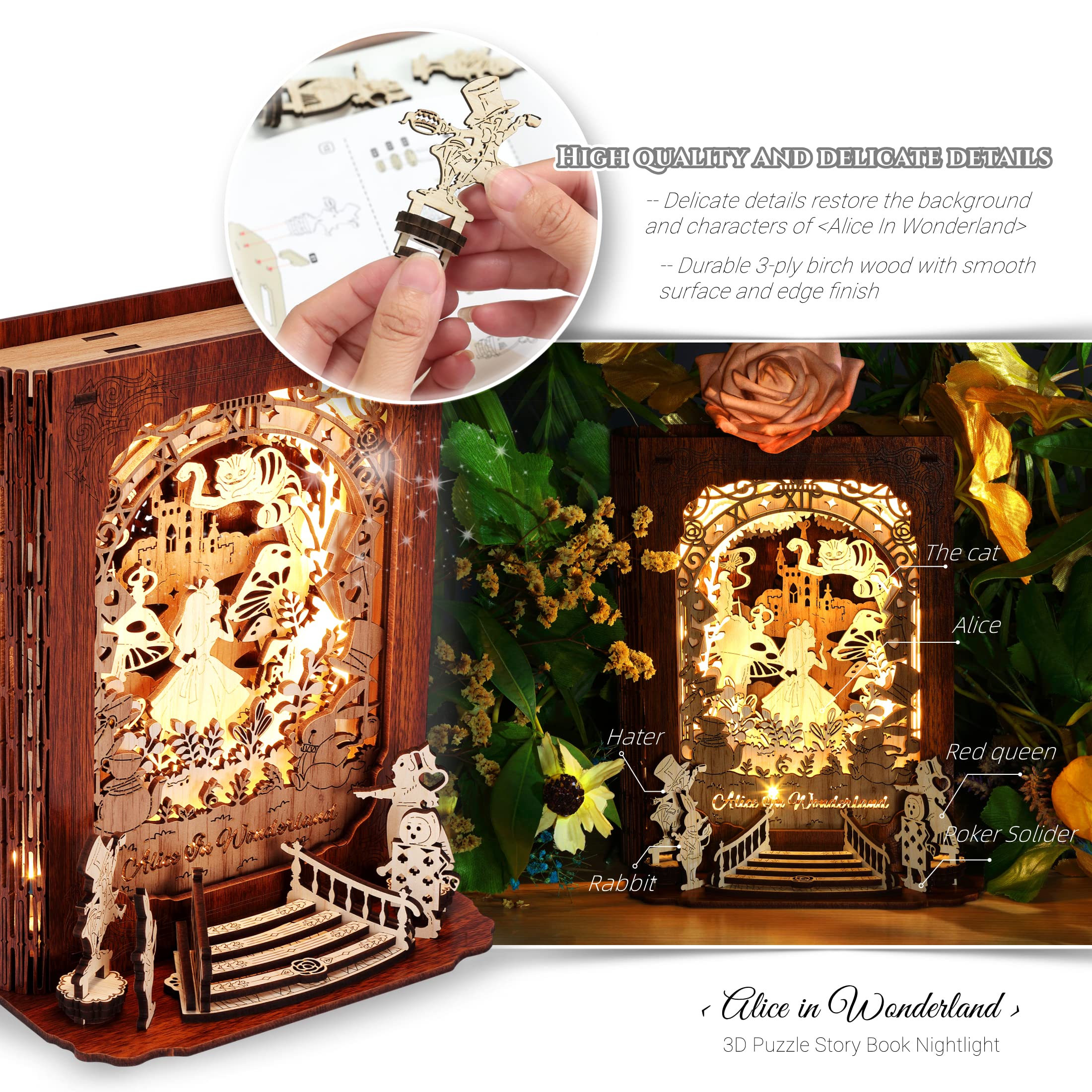FUNPOLA 3D Puzzle Story Book Lamp - DIY Wooden LED Night Light for Kids & Adults | Alice in Wonderland Themed Bedside Decor | Perfect for Nursery, Bedroom & Gift Giving