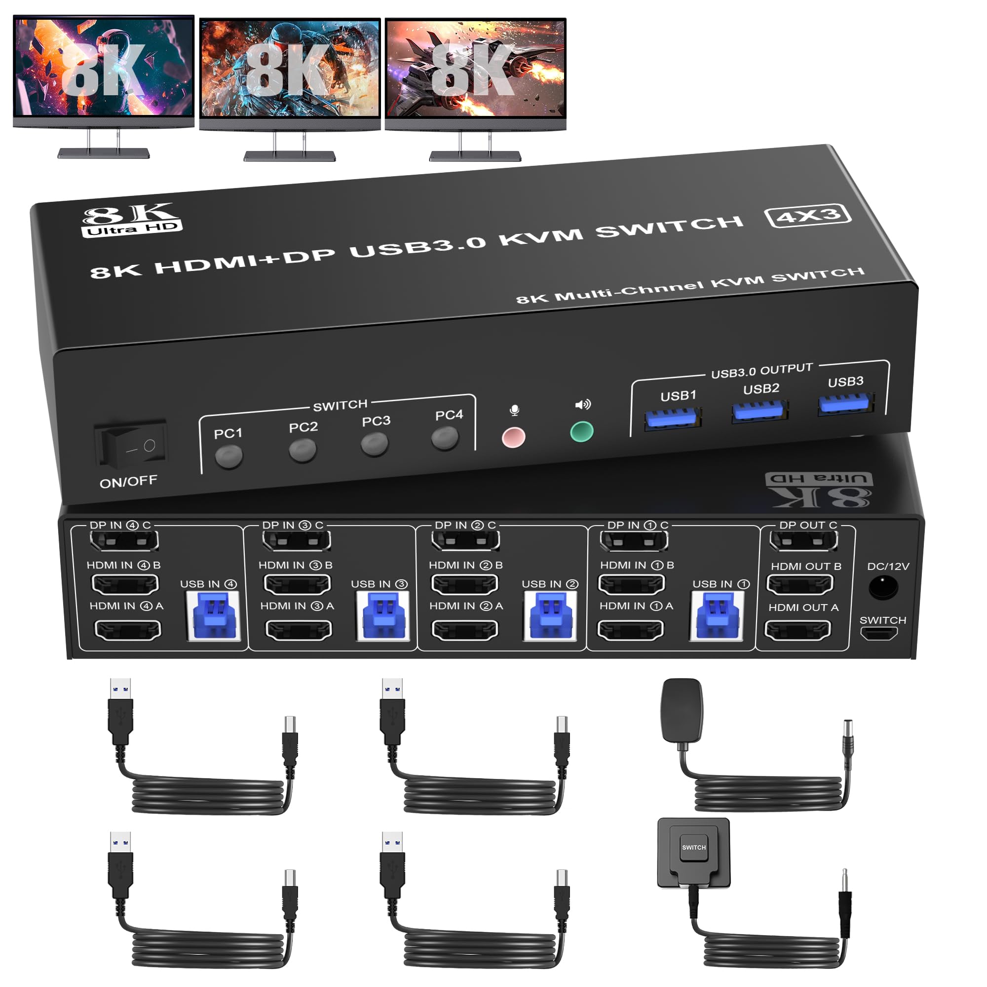 8K@60Hz DisplayPort 1.4 + HDMI 2.1 KVM Switch for 4 Computers & 3 Monitors - USB 3.0 Hub with Audio/Microphone Ports - Triple Monitor Keyboard Mouse Switcher for Gaming, Office & Multi-Tasking Workstations