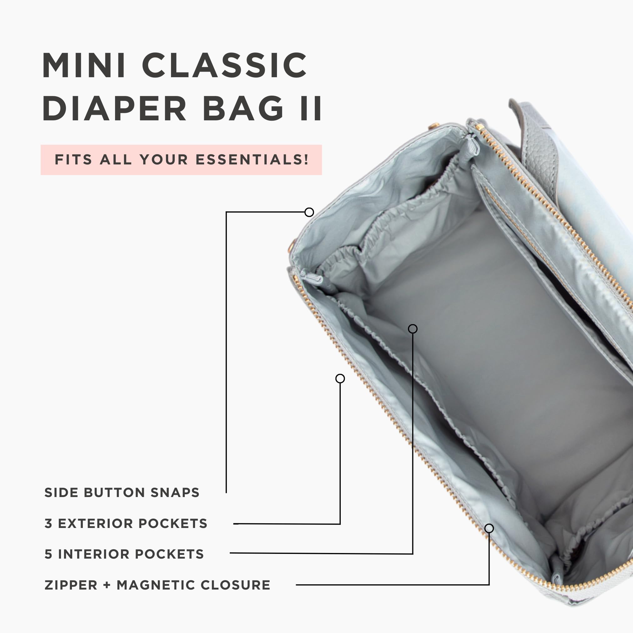 Freshly Picked Mini Classic Diaper Bag Backpack - Waterproof Vegan Leather Baby Changing Bag for Moms, Travel & Everyday Use (Stone Grey) - Perfect for Daycare, Park Outings & Family Trips