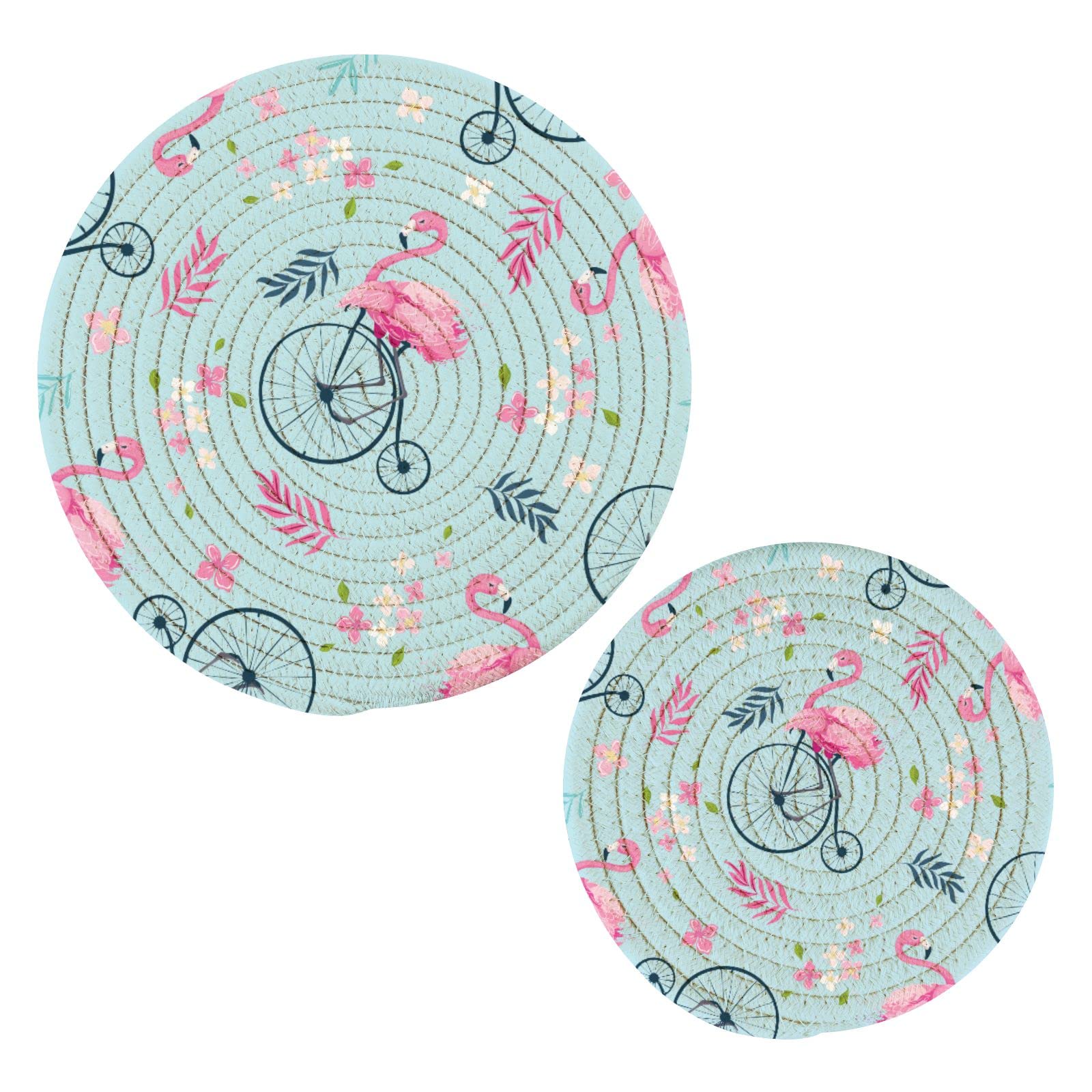 Flamingo Flower Bike Trivets Set of 2 - Heat Resistant Hot Pads for Pots & Pans - Perfect for Farmhouse Kitchen Decor